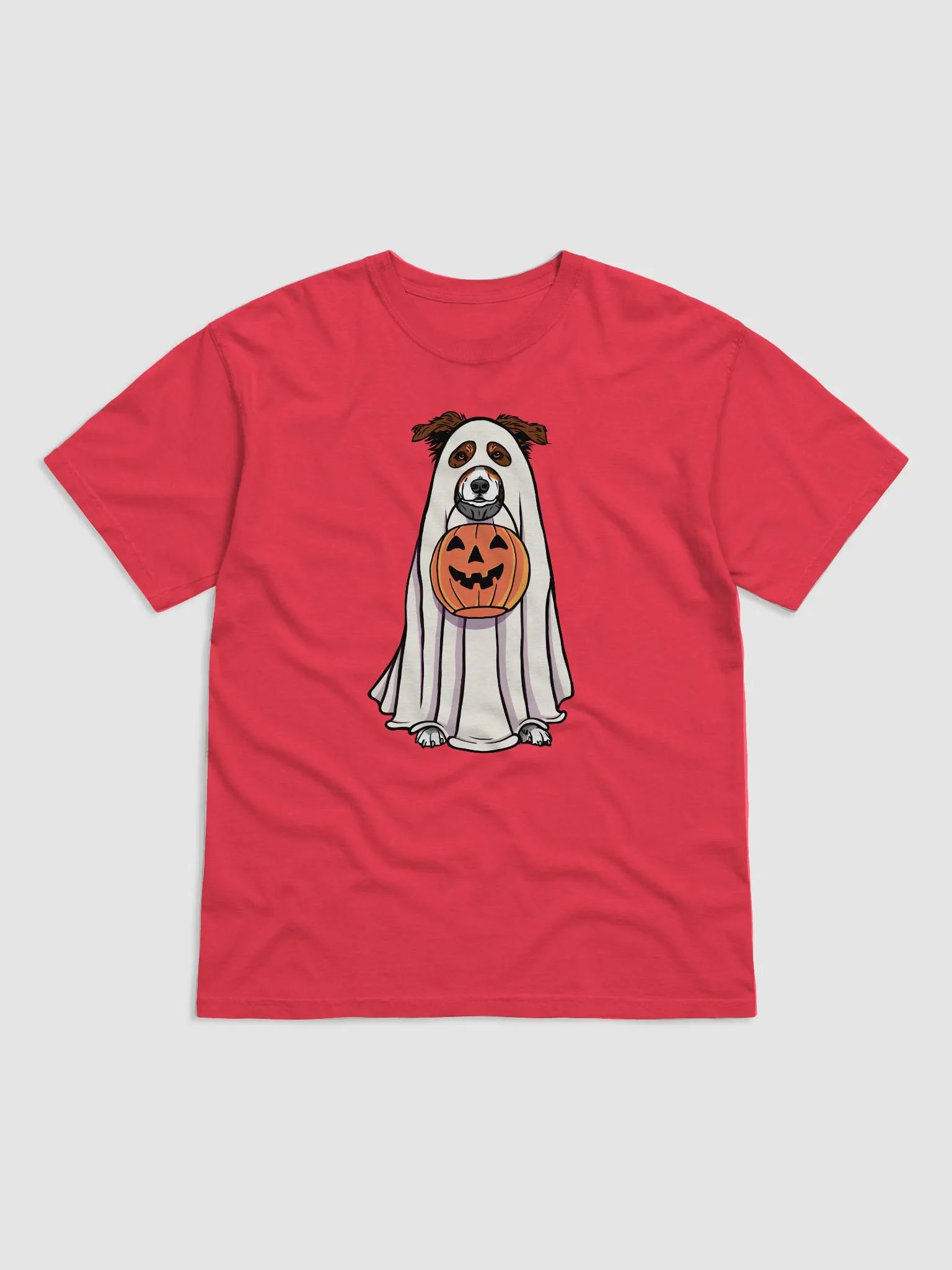 Funny Halloween Australian Shepherd(Red Tricolor)T-Shirt | Funny Aussie Wearing a Ghost Costume and Holding a Pumpkin Basket product image (1)