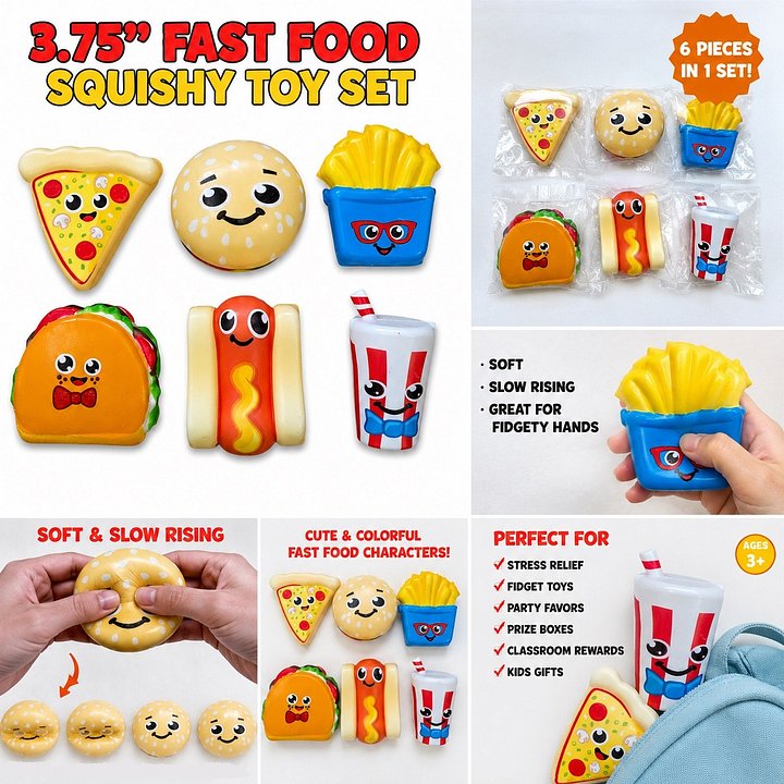 Cute Fast Food Slow-Rising Squishy Toy Set (6-Pack) - Sensory Fidget Kit product image (2)