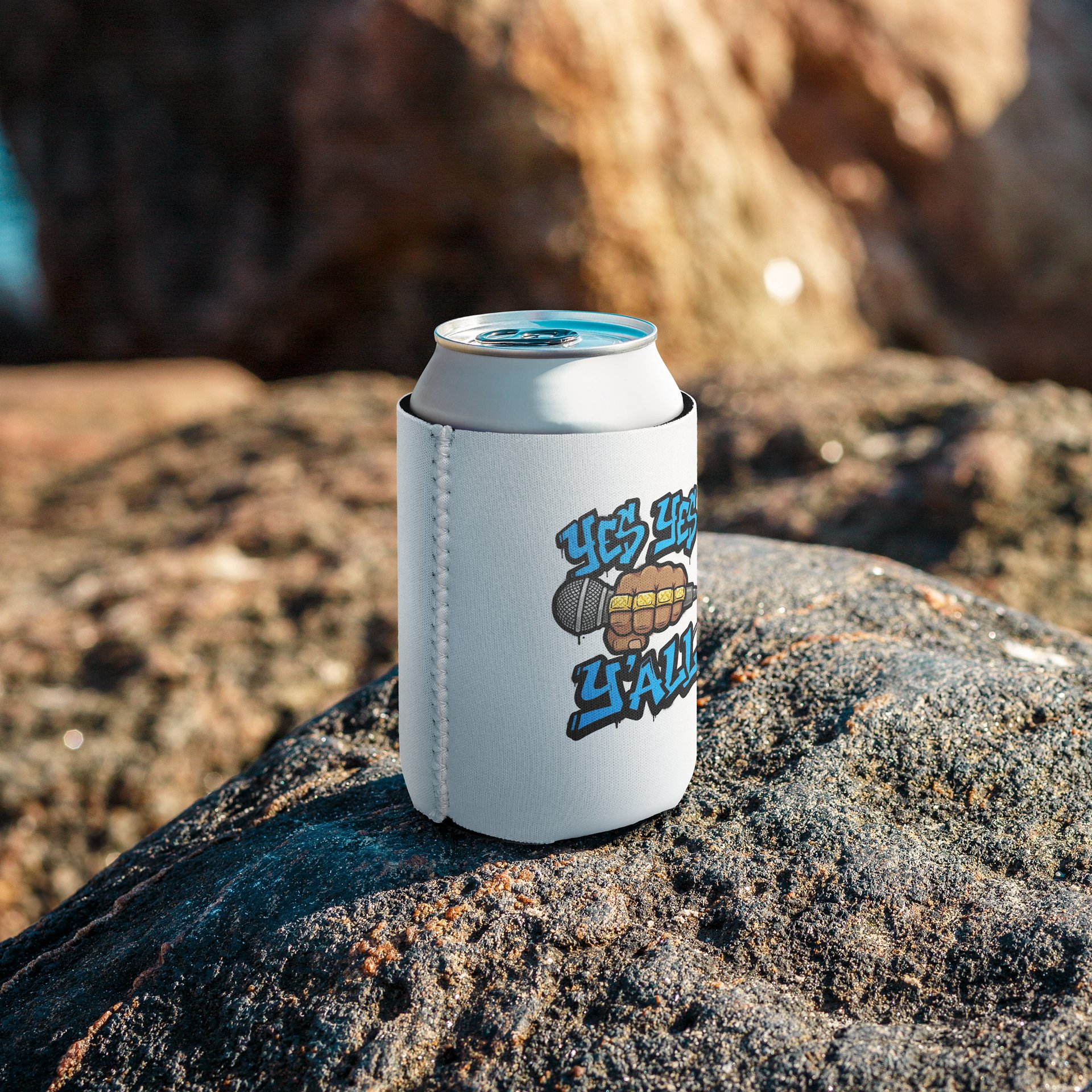 Yes Yes Y’all Hip Hop Can Cooler – White with Microphone Graffiti Graphic product image (7)