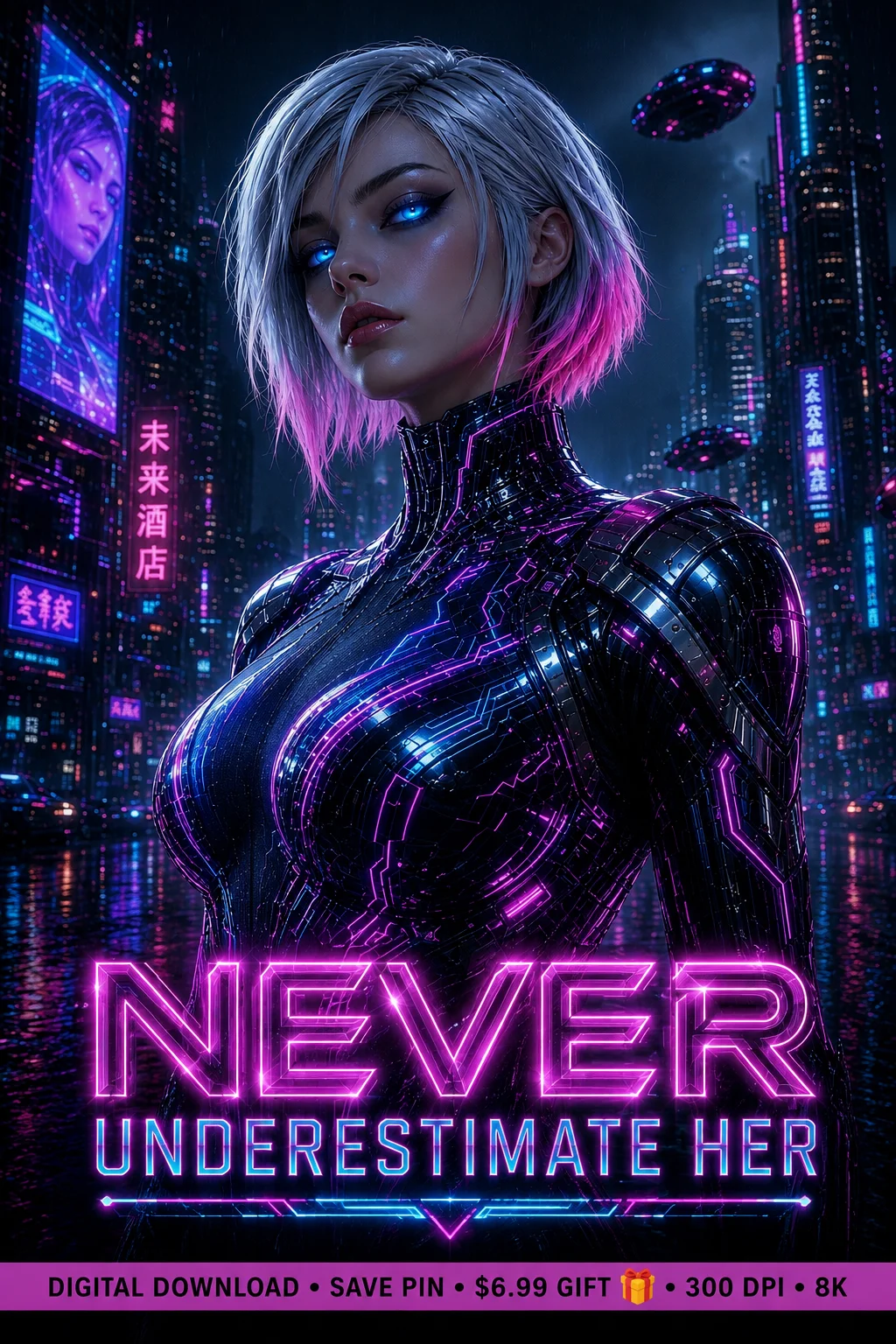 Never Underestimate Her | Cyberpunk Woman Wall Art | Futuristic Motivational Digital Print product image (1)