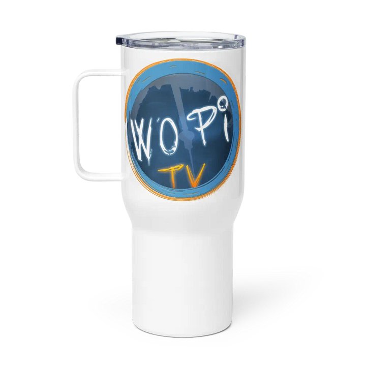 White Travel Mug w/ 2x wopiTV Logo product image (1)