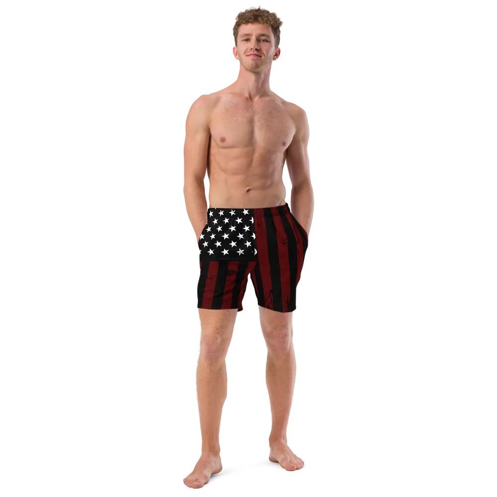 Distressed Black & Red Americana Swim Trunks product image (10)