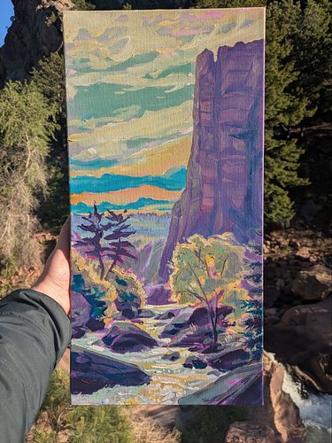 The light on the tree took me by surprise in the piece. Such is the delight of Plein Air painting!

Dawn in Eldorado Canyon -...