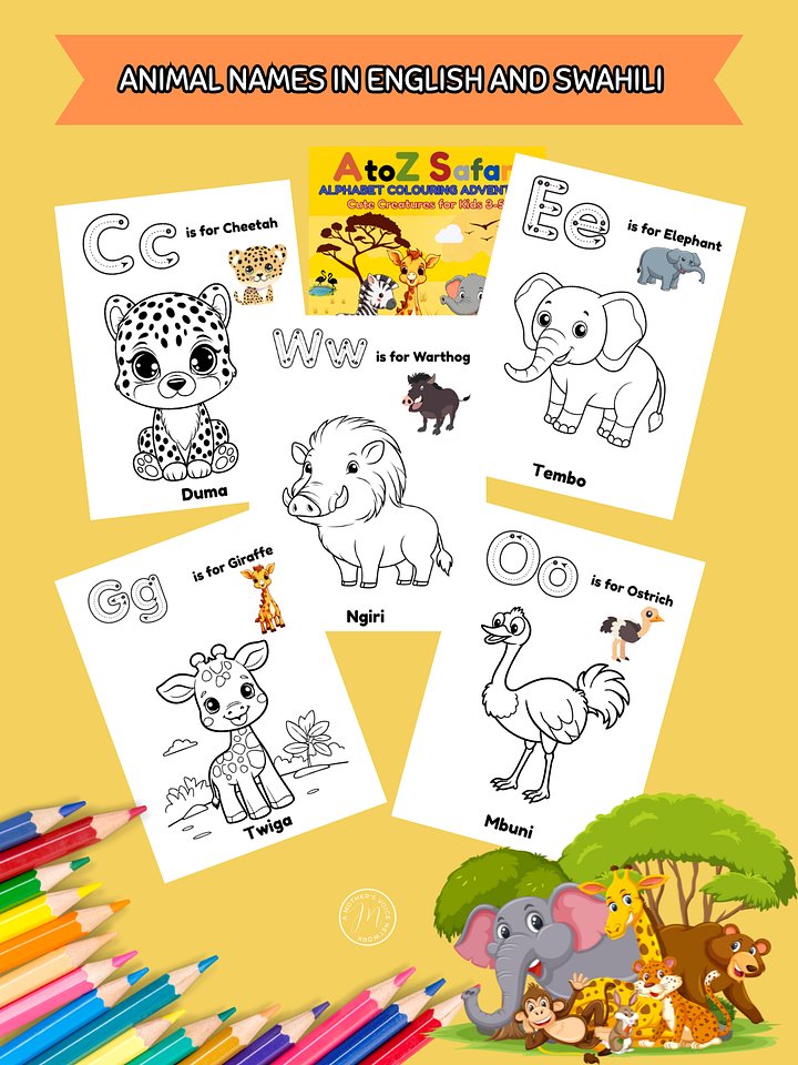 A to Z Safari: Animal Alphabet Coloring Book for Kids (Ages 3–5) – Bilingual Swahili & English | Cute Safari Creatures | PDF Download product image (2)