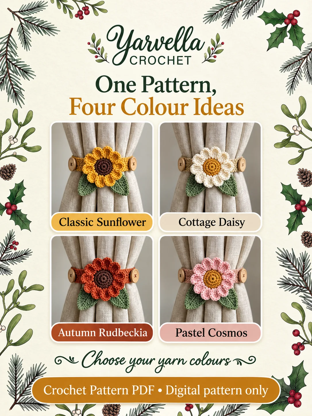 Sunflower Curtain Tieback Crochet Pattern PDF – Floral Window Holdback product image (3)