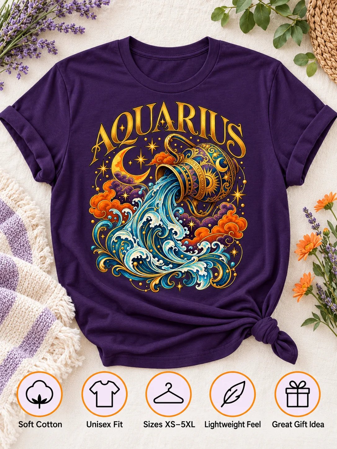 Aquarius Zodiac T-Shirt With Celestial Water Bearer Art product image (3)