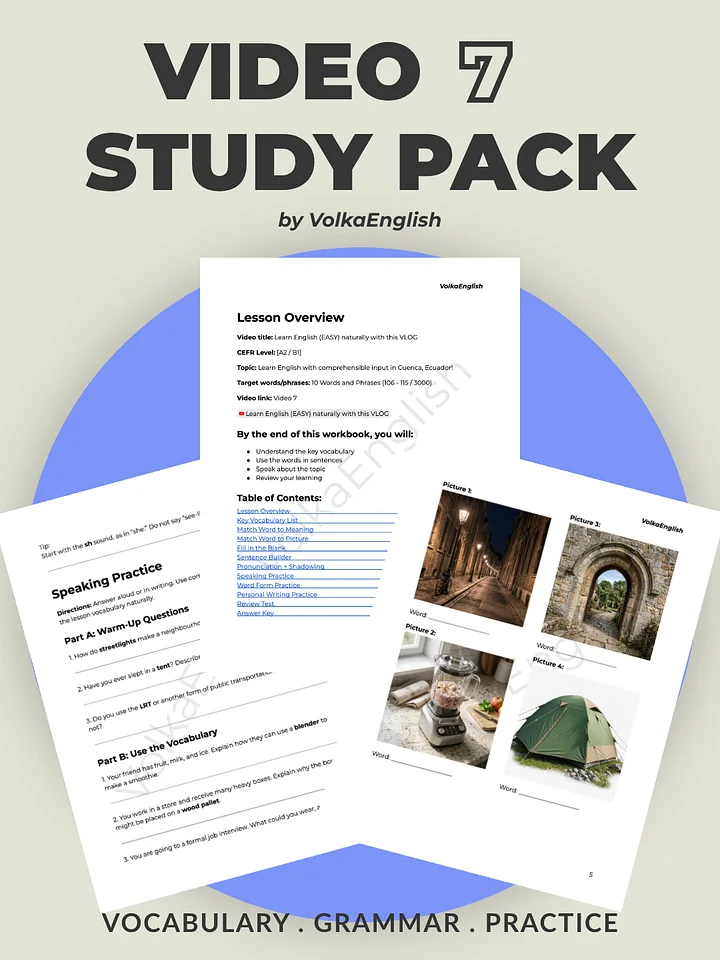 Learn English (EASY) naturally with this VLOG - Video 7 Study Pack product image (1)
