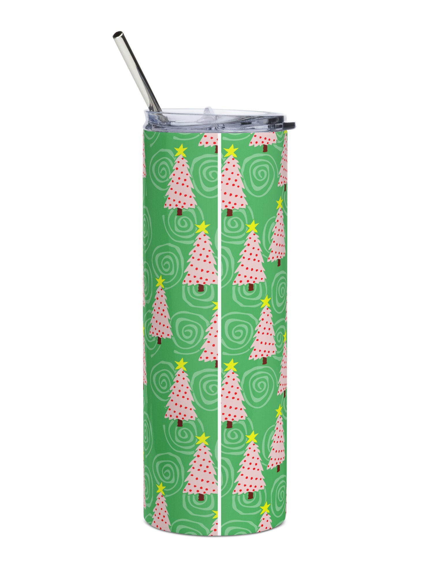 Pink Christmas Trees on Green Spirals Stainless Steel Tumbler with Straw product image (12)