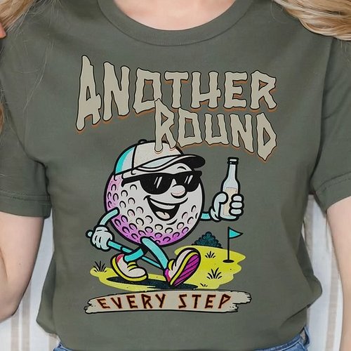 This fun and retro-style t-shirt features a golf ball mascot strutting down the fairway with a drink in hand and a huge smile...