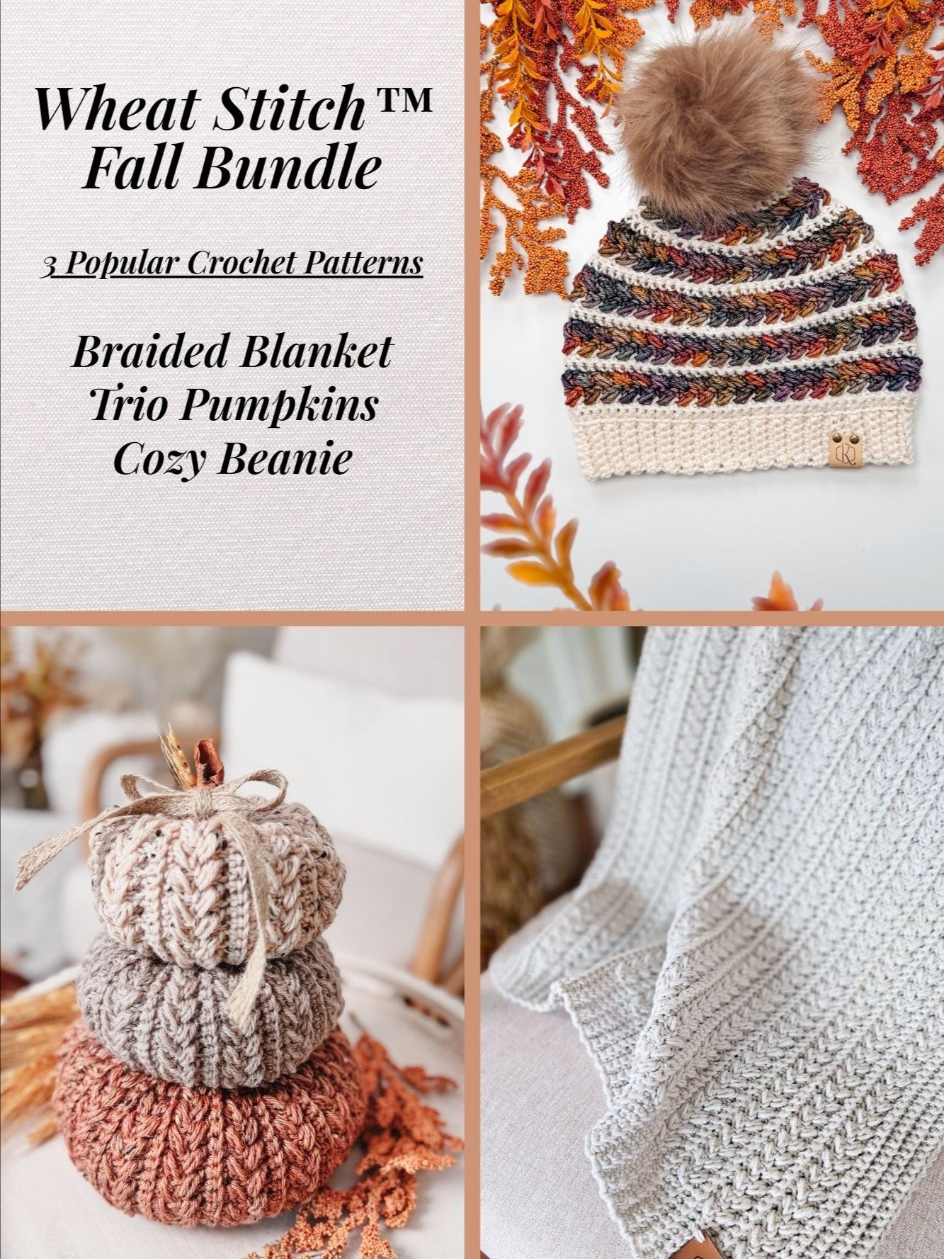 ✨ Wheat Stitch™ Fall Favorites Crochet Bundle (Pumpkin, Beanie & Blanket Patterns) ✨ product image (1)
