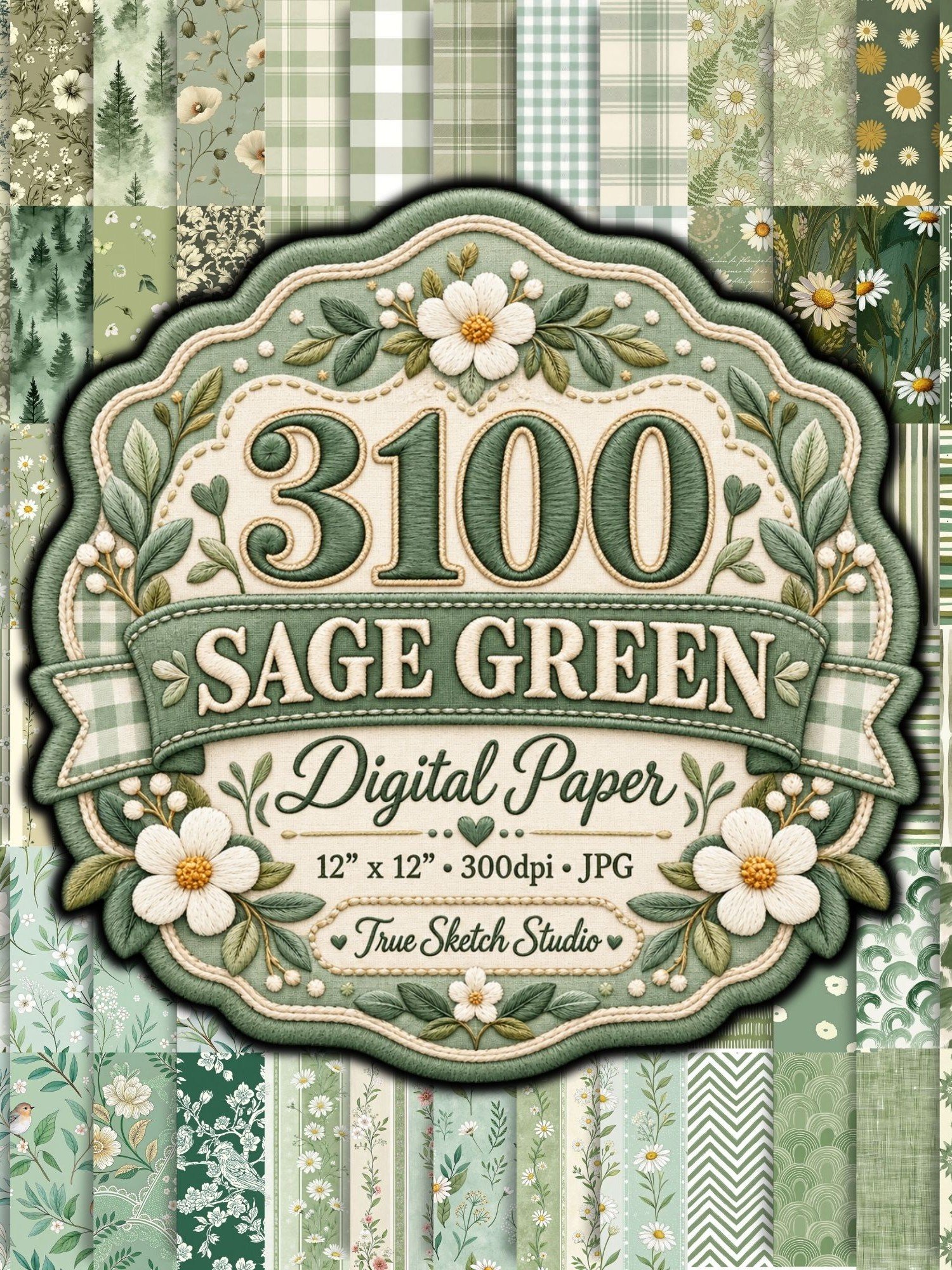 3100 Sage Green Digital Paper Bundle, Floral Botanical Scrapbook Paper, Daisy Gingham Designs, 12x12 JPG, Printable Junk Journal Backgrounds product image (1)