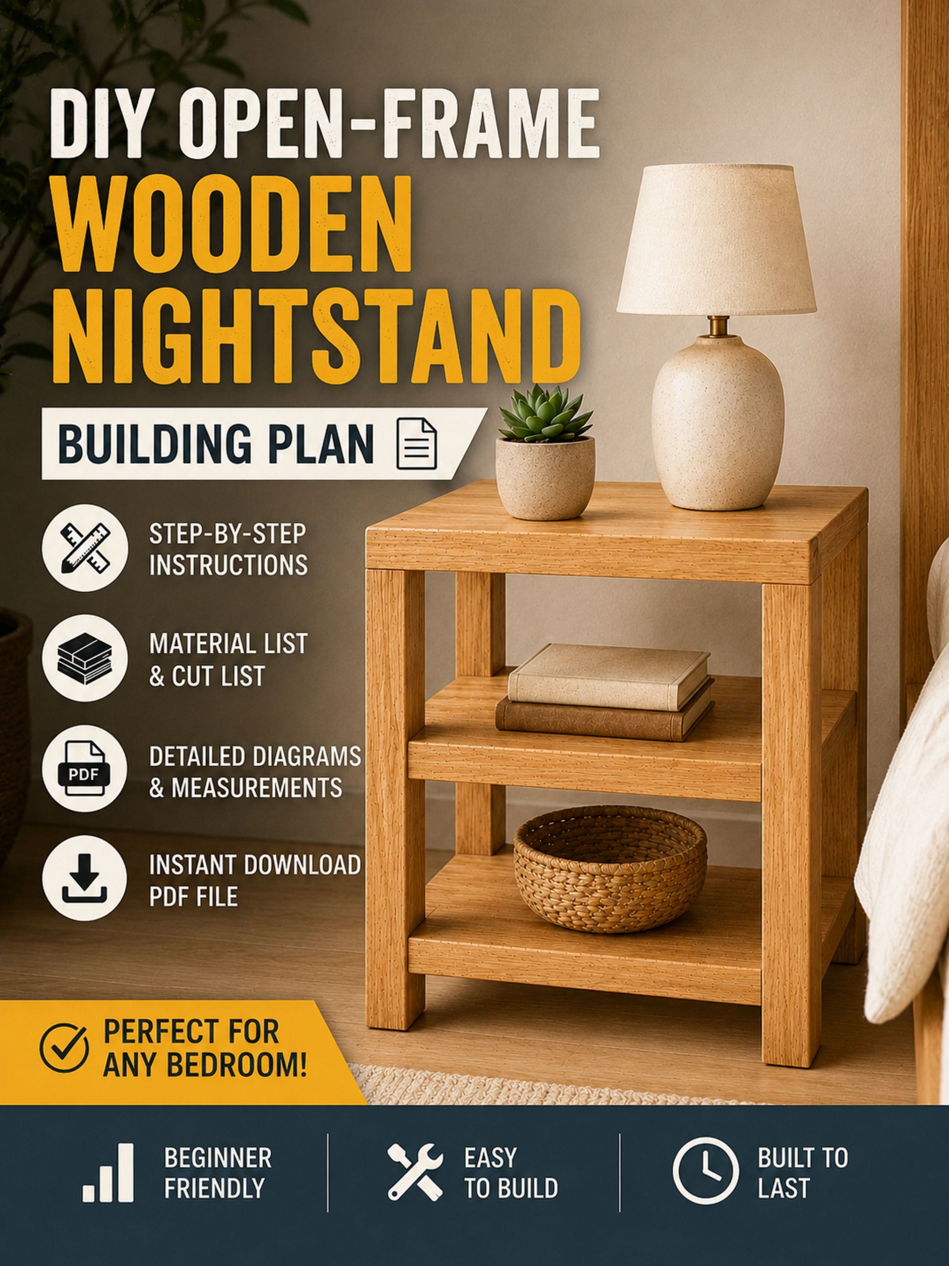 DIY Open-Frame Wooden Nightstand Plan | Woodworking Plans product image (1)