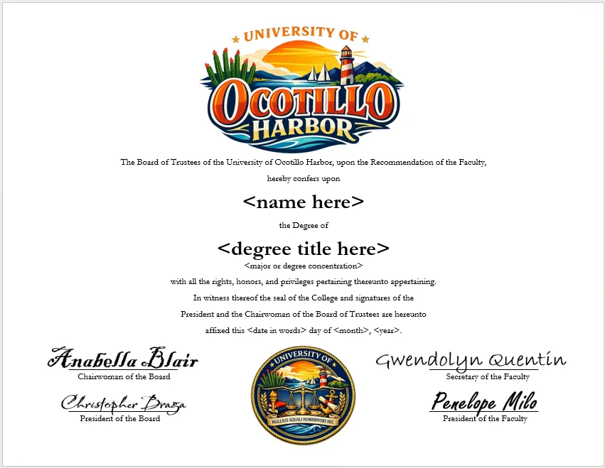 University of Ocotillo Harbor degree parchment product image (1)
