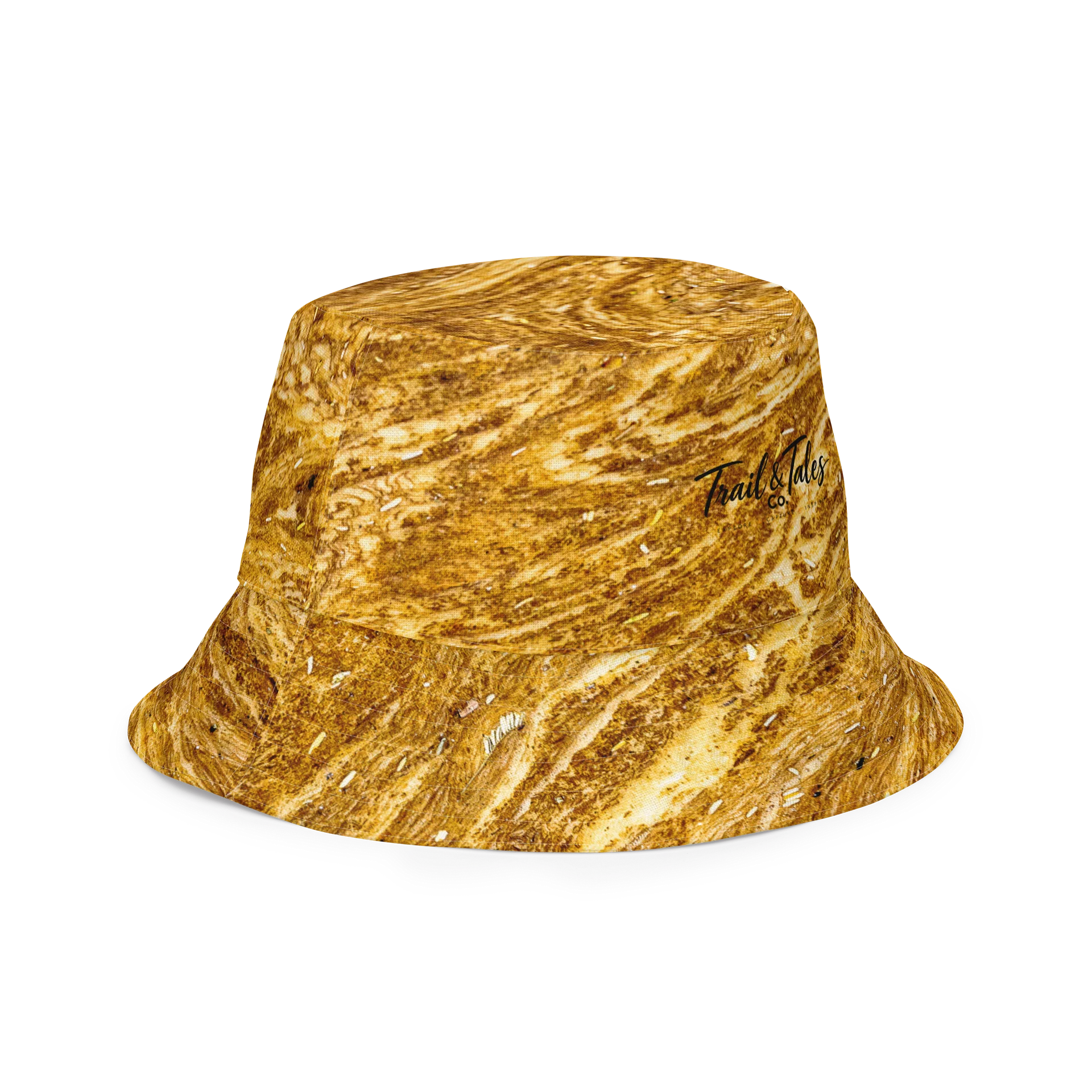 Golden Strata: Earthy Swirl Marble Pattern Reversible Bucket Hat | Botanical & Marble Sun Cap | Tiger Eye Outdoor Beach Hat product image (5)