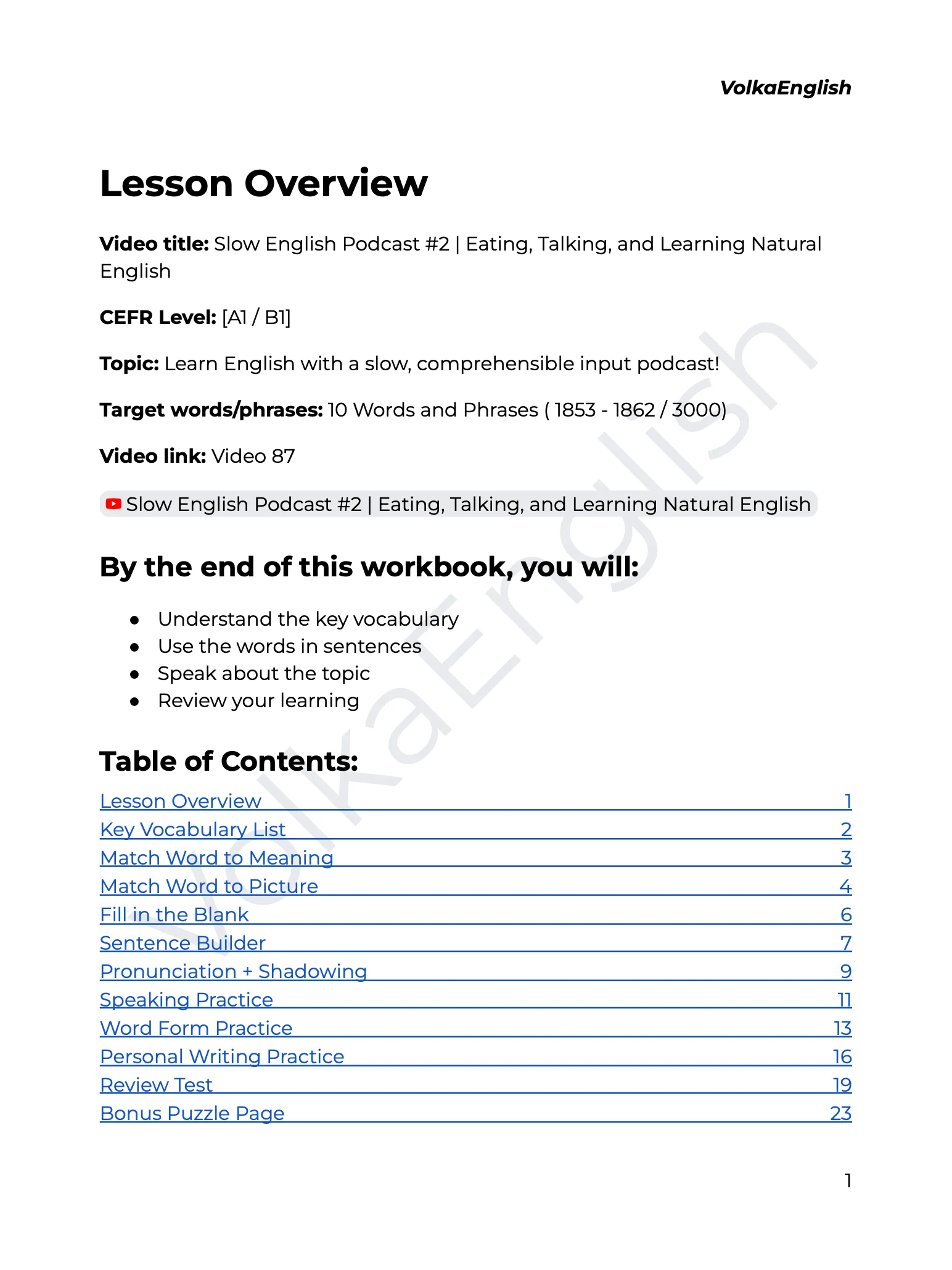 Slow English Podcast #2 | Eating, Talking, and Learning Natural English - Video 87 Study Pack product image (2)