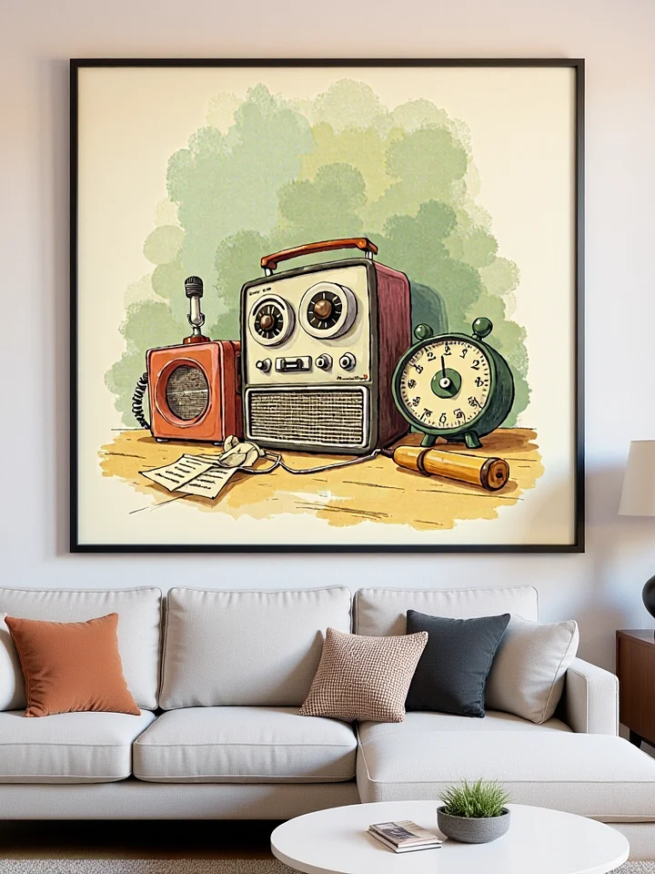 Retro Radio & Vintage Alarm Clock Wall Art – Nostalgic Mid-Century Decor product image (2)