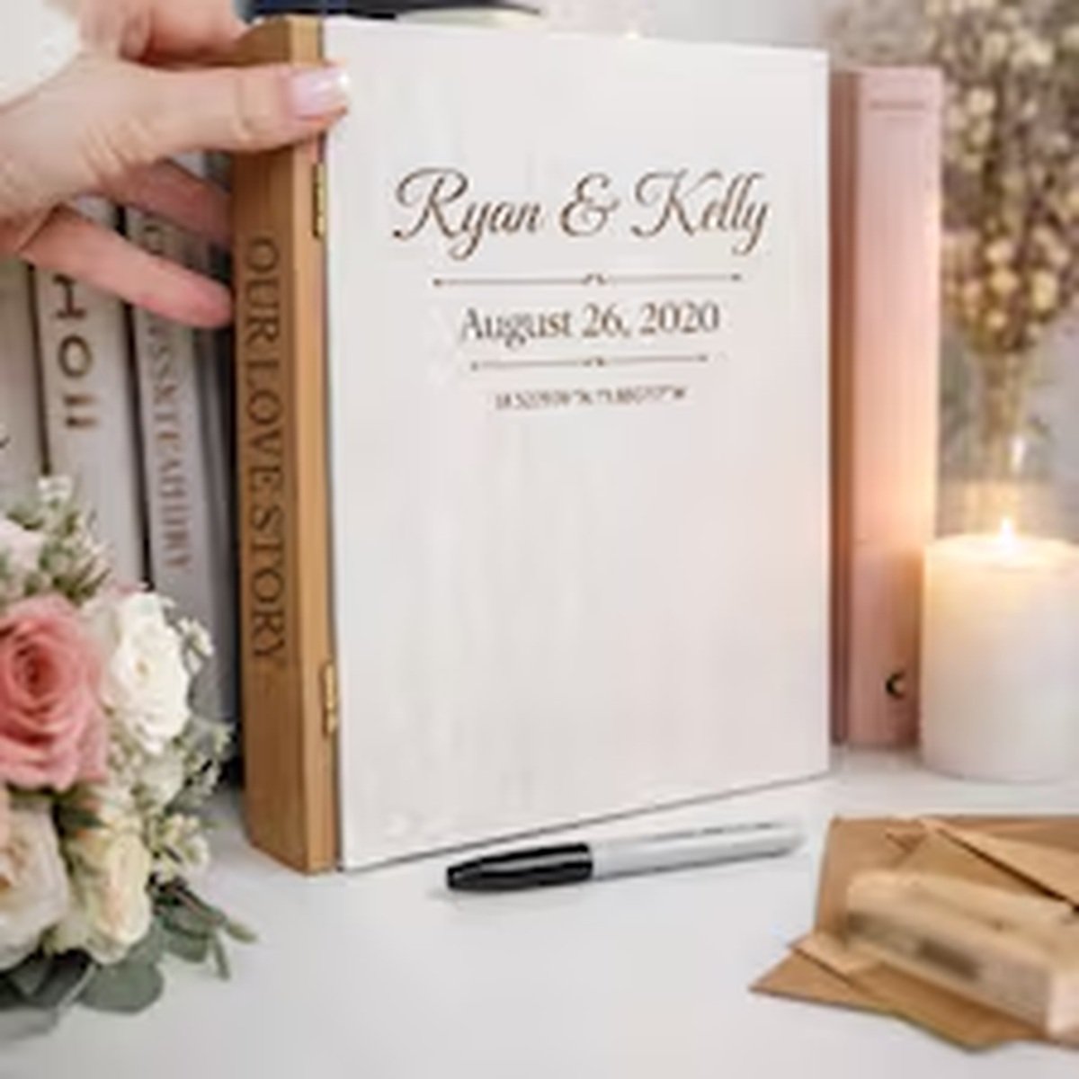 Personalized Wedding Guest Book Alternative, Unique Wooden Guestbook with Lights, Custom Keepsake product image (5)