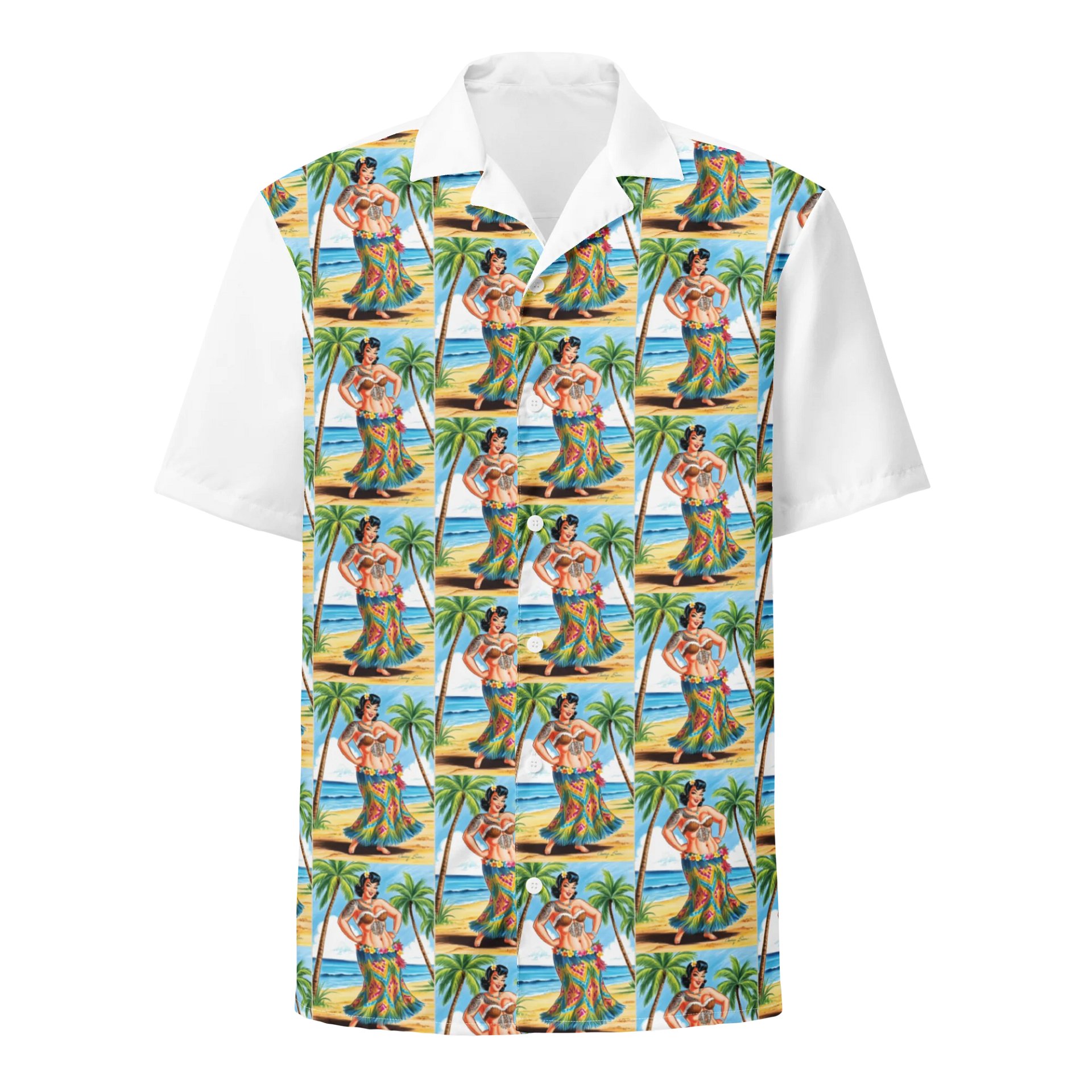 Brunette hula pinup girl Hawaiian Shirt product image (1)