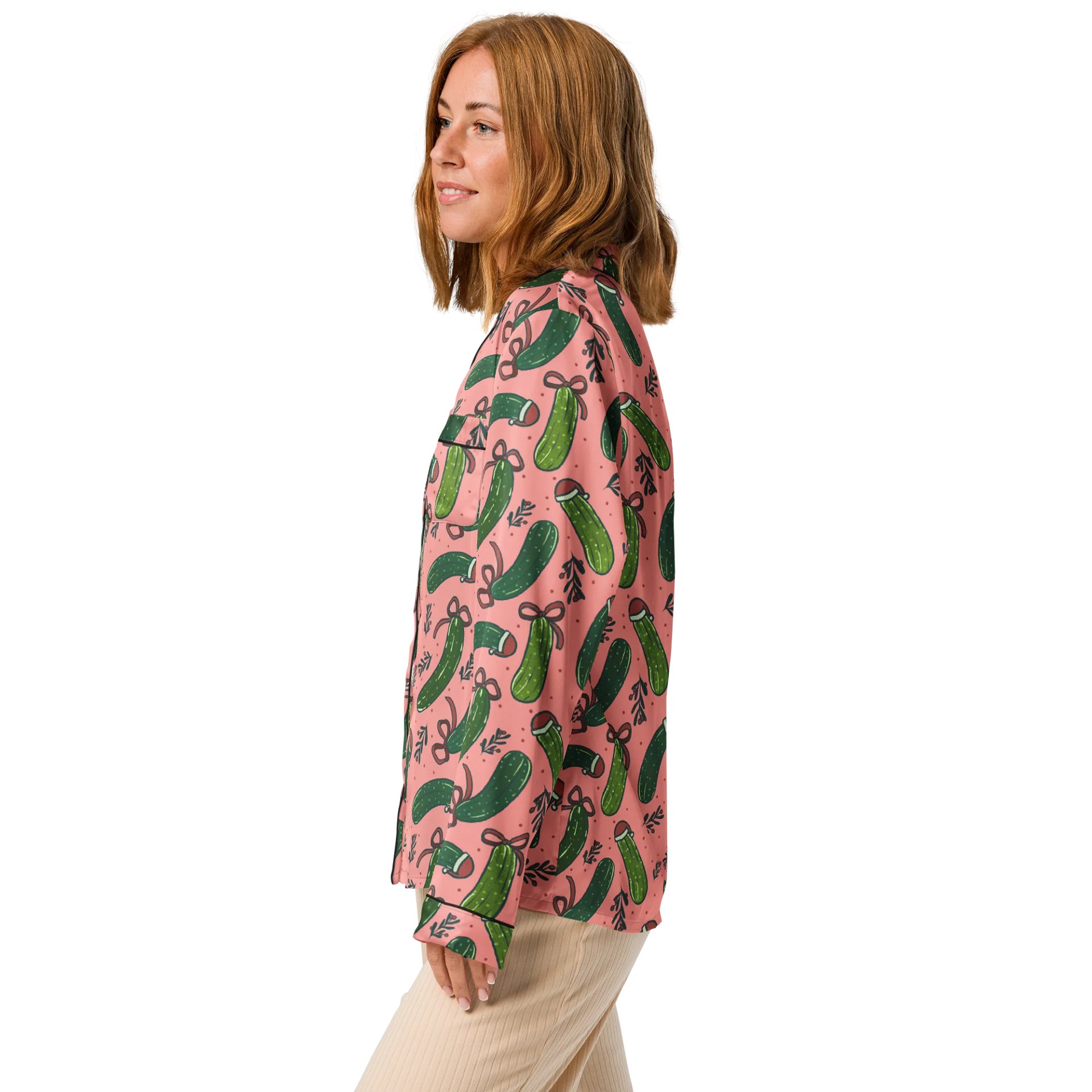 Funny Christmas Pickles Pattern Pyjama Shirt, Pink product image (5)