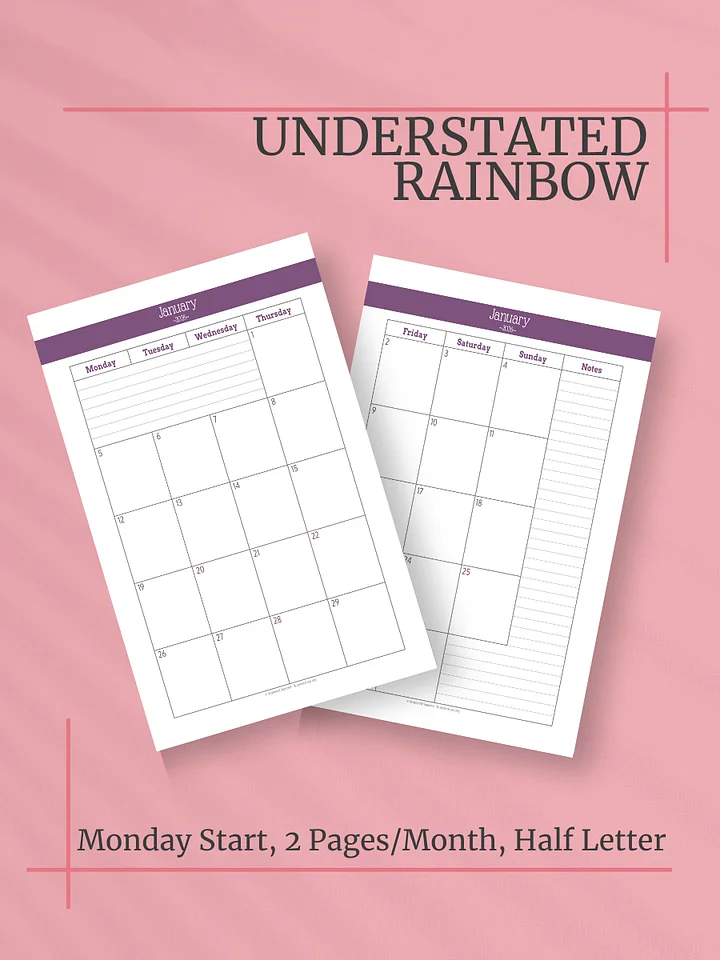 Understated Rainbow 2026 Calendar - 2 Pages per Month, Monday Start, Half Letter Size product image (1)