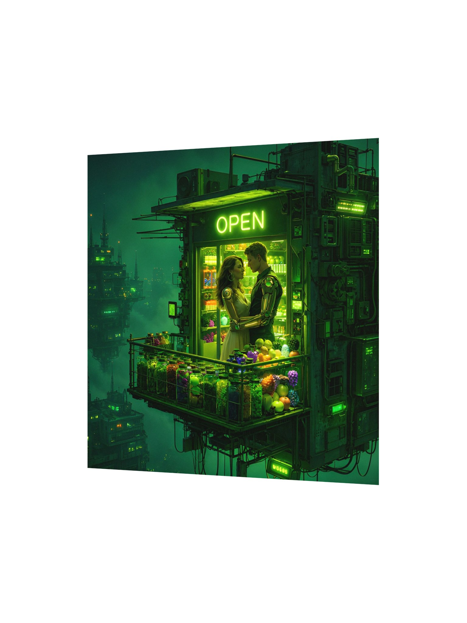 Cyberpunk Romance Wall Art | Neon Green Floating Store Poster | Sci Fi Couple Decor product image (3)