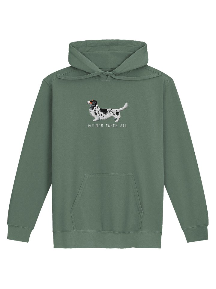 Wiener Takes All Premium Hoodie (Embroidered) of a Longhaired Dachshund(Pied Black & White) product image (9)