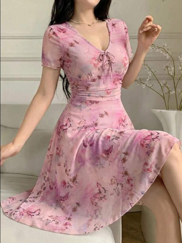 Feyla ADLEST Women's Front Tie Full Print V-Neck Short Sleeve Mini Dress product image (5)