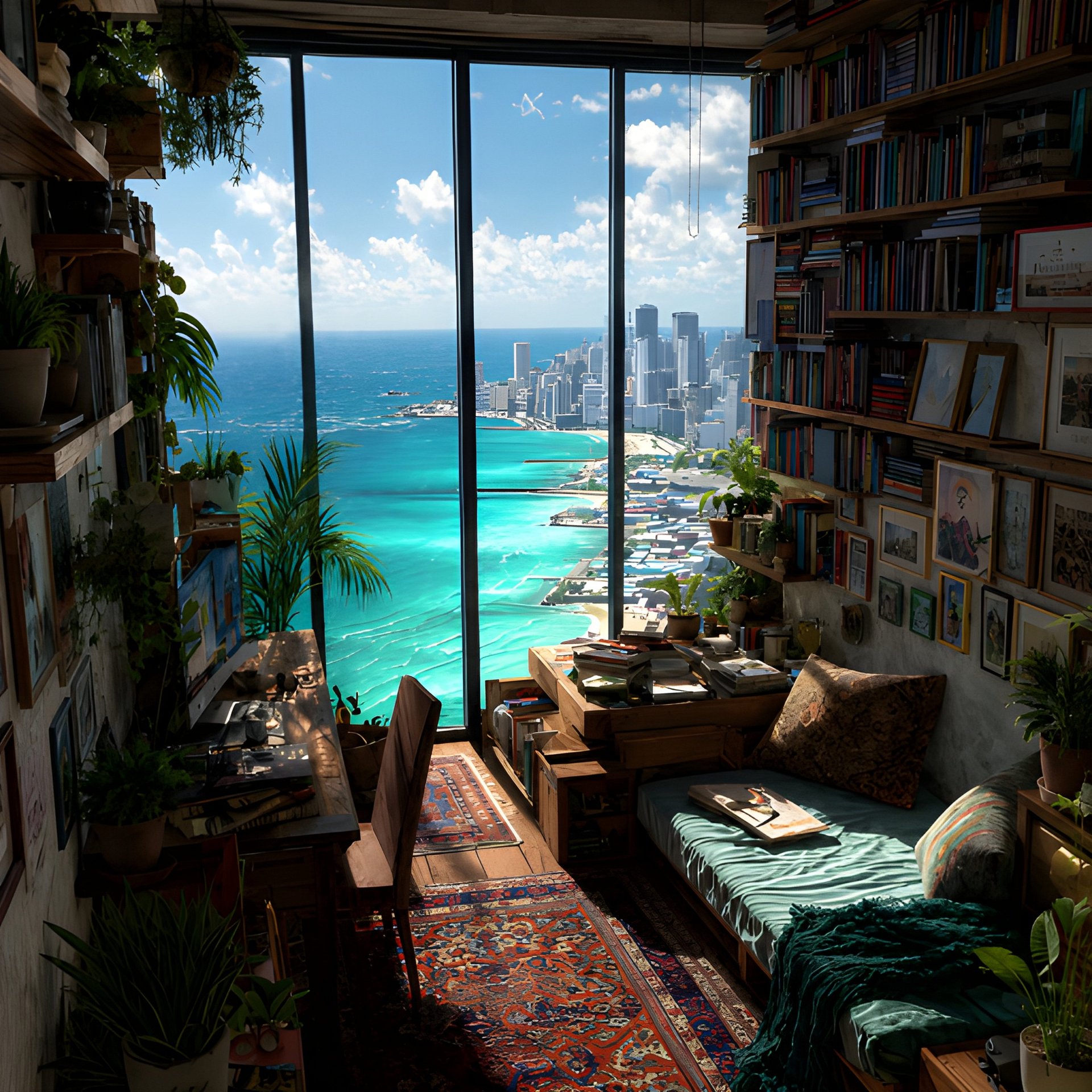 Ocean View Book Nook Digital Print Coastal Dark Academia Wall Art Gift for Book Lovers and Readers Printable Reading Room Decor product image (2)