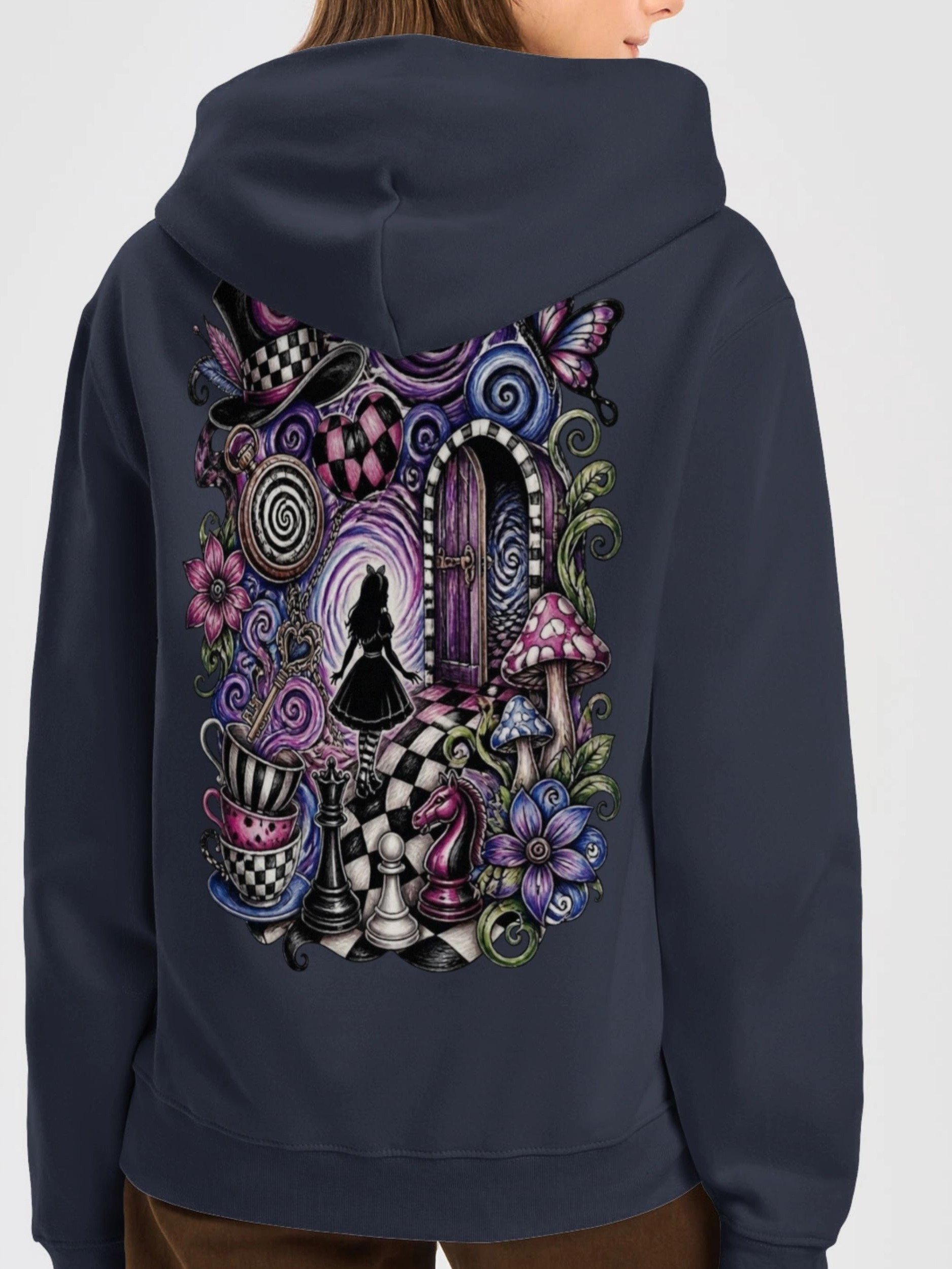 Whimsical Wonderland Portal Hoodie, Surreal Dark Alice Graphic product image (1)