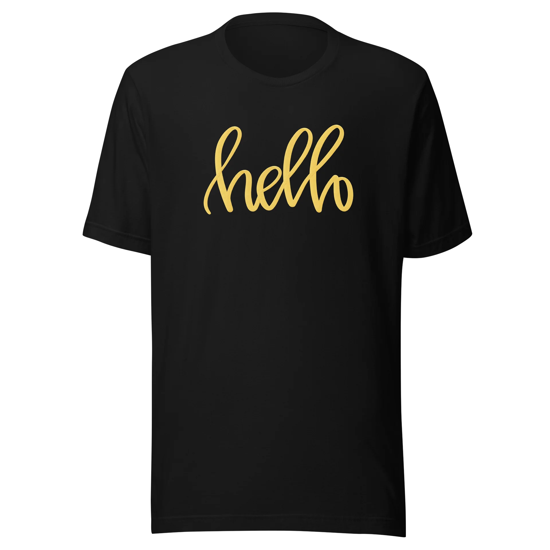 AK’s Hello! — Soft Golden Yellow Font On Dark Colors - T-Shirt product image (1)