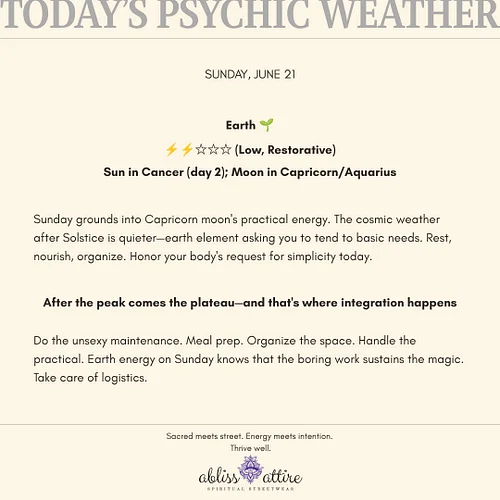 SUNDAY, JUNE 21
Earth 🌱
⚡⚡☆☆☆ (Low, Restorative)
Sun in Cancer (day 2); Moon in Capricorn/Aquarius

Sunday grounds into Capri...