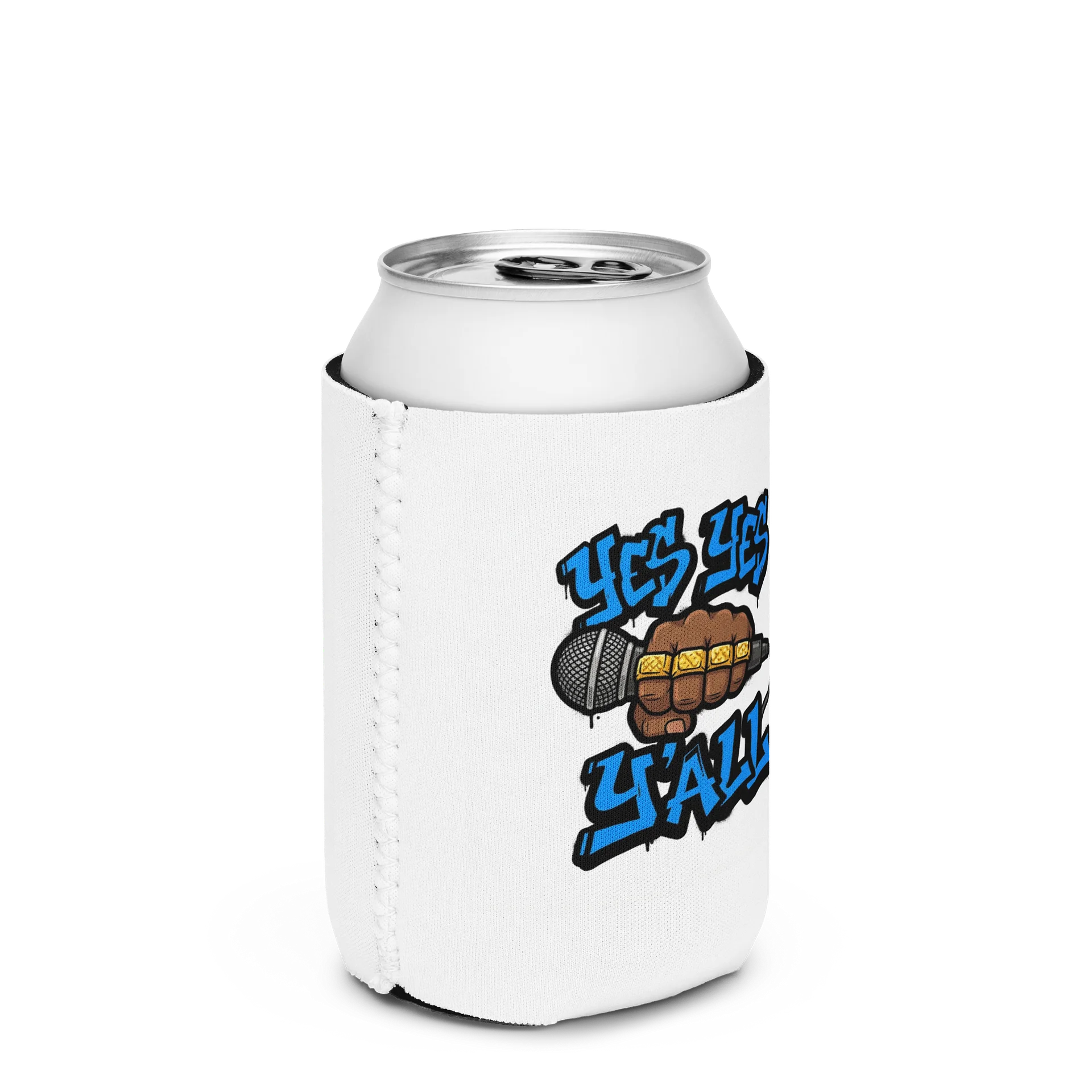 Yes Yes Y’all Hip Hop Can Cooler – White with Microphone Graffiti Graphic product image (2)