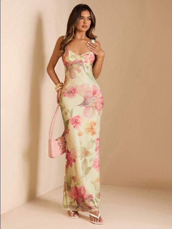Apricot Floral Backless Ruched Strap Maxi Dress | Women's Elegant Cami Evening Dress for Weddings, Formal Events & Eid | ADLEST product image (4)