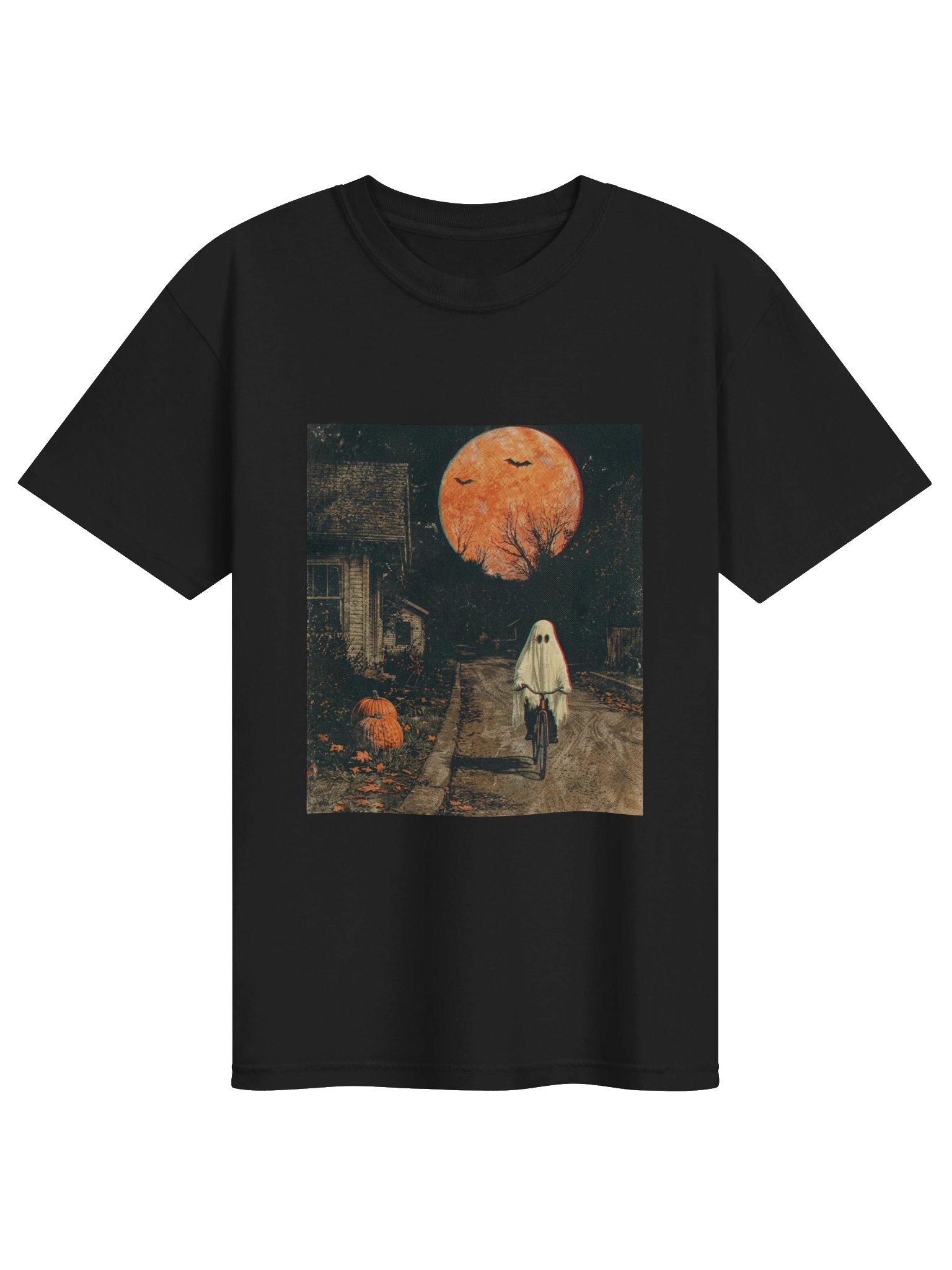Vintage Halloween Ghost Bicycle T-Shirt | Retro Spooky Night Graphic Tee | Cute Ghost Pumpkin Moon Shirt product image (2)
