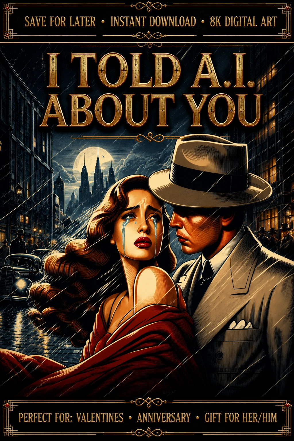 I Told AI About You Vintage Noir Couple Art Instant Download Valentines Anniversary Gift Print product image (1)