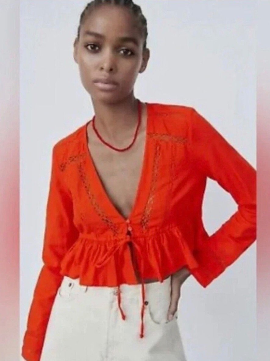 Zara Coral Red Lace Detail Peplum Crop Top 100% Cotton Size Small product image (3)
