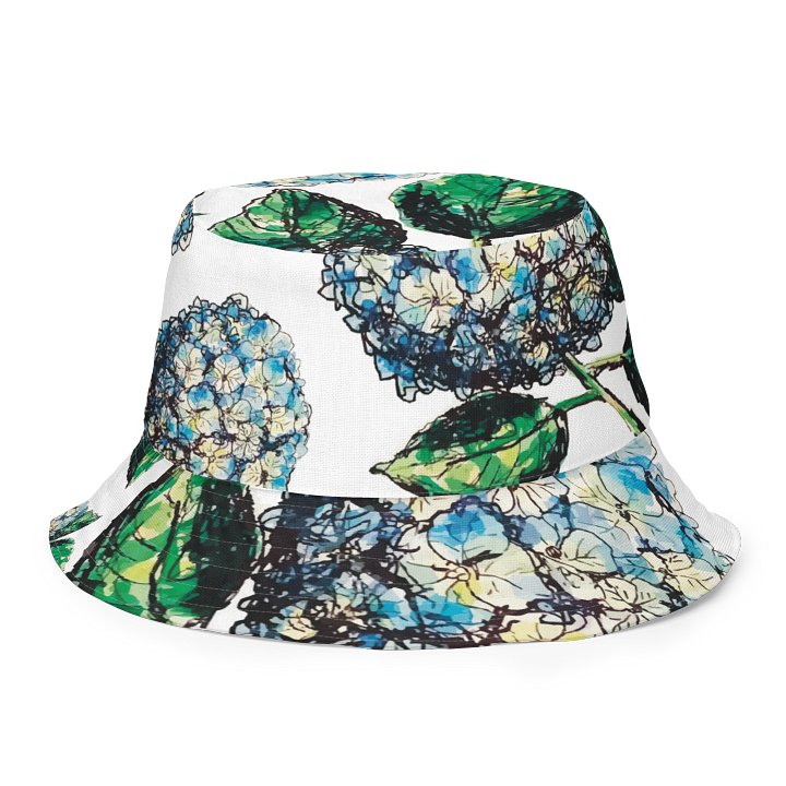 Adults Unisex | Reversible Bucket Hat | Blue Hydrangea Blooms | Coastal Garden Sun Hat | by Monique Faella Designs™ product image (1)