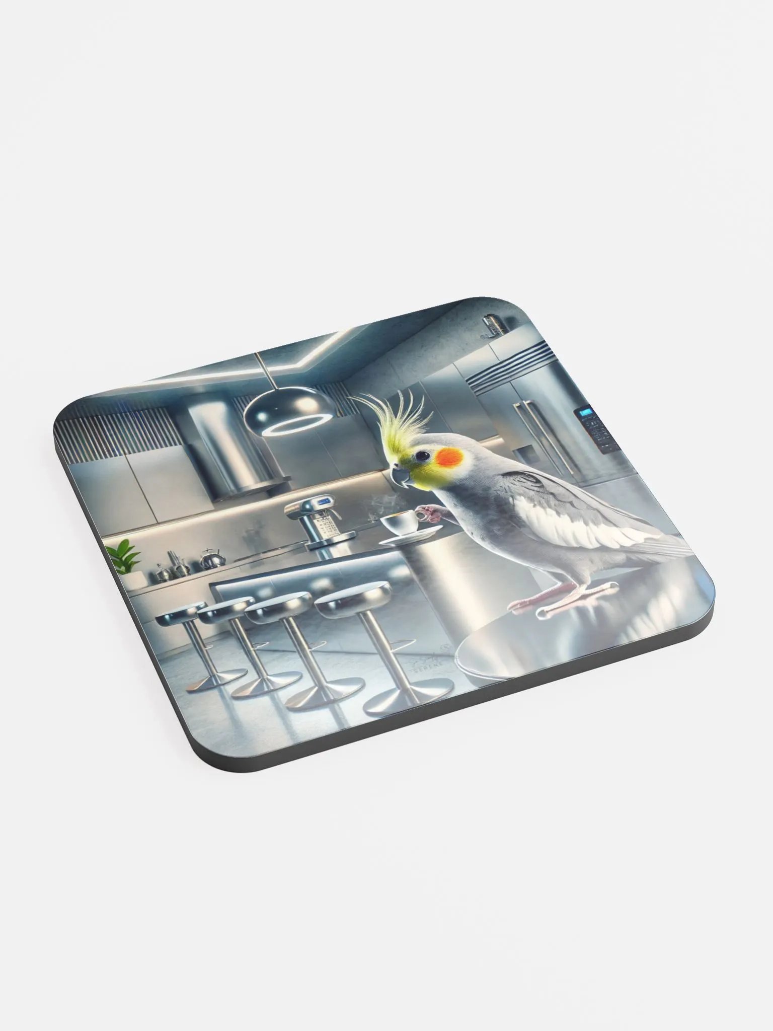 Perch & Sip – Glossed Cork Coaster with Parakeet Art 2 product image (2)