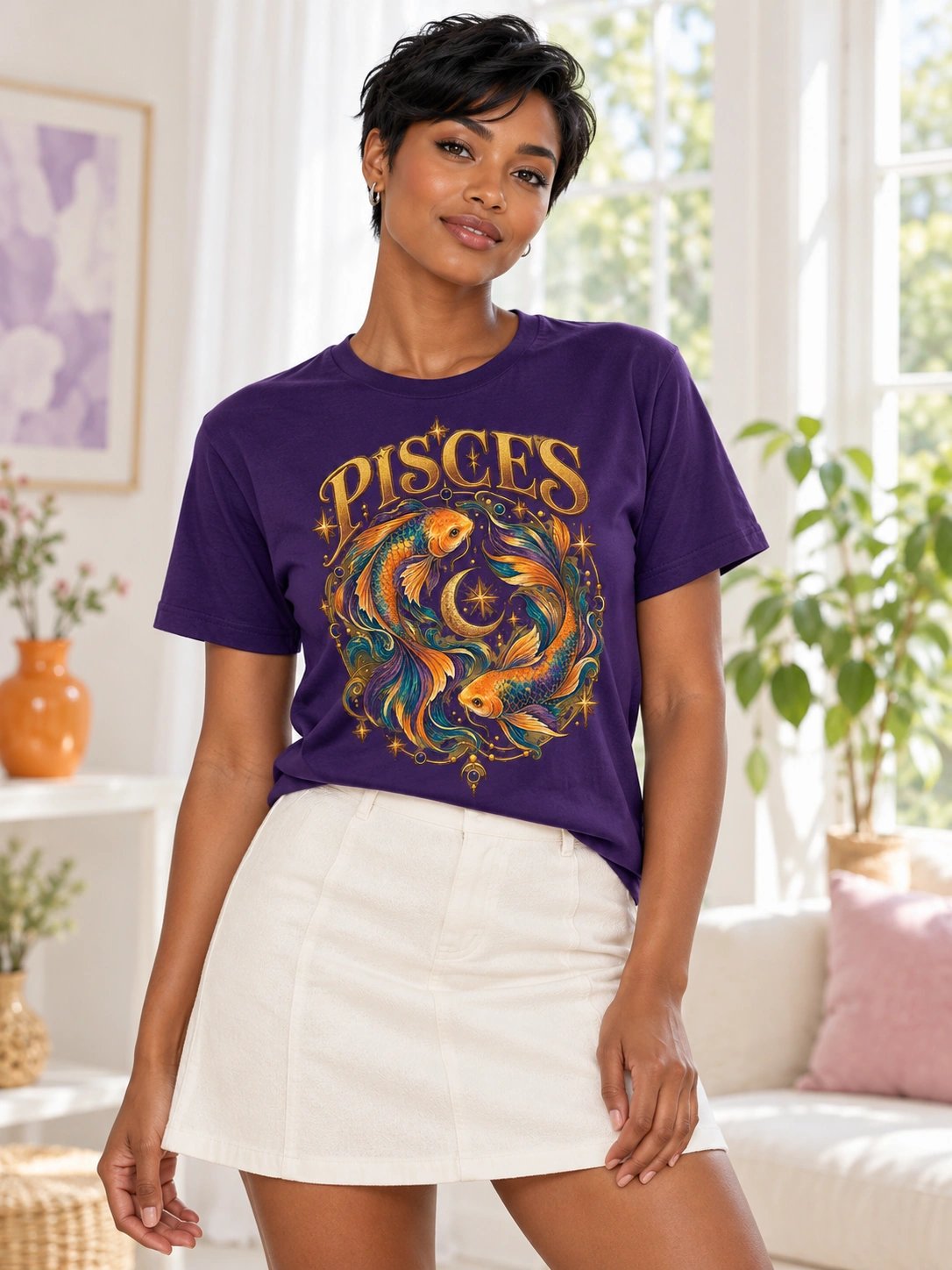Pisces Zodiac T-Shirt With Flowing Celestial Fish Art product image (2)