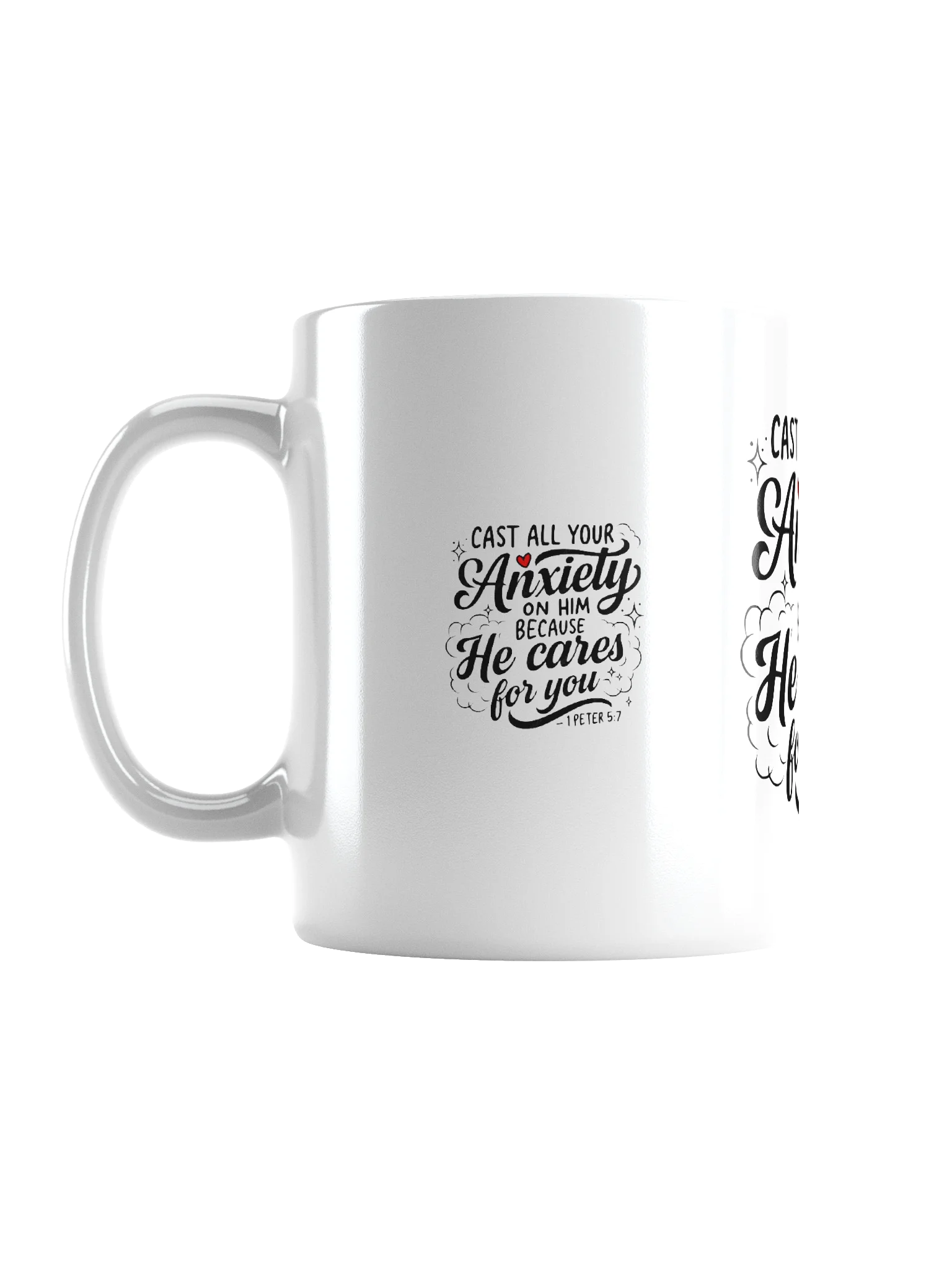 Cast All Your Anxiety White Glossy Mug — 1 Peter 5:7 product image (2)