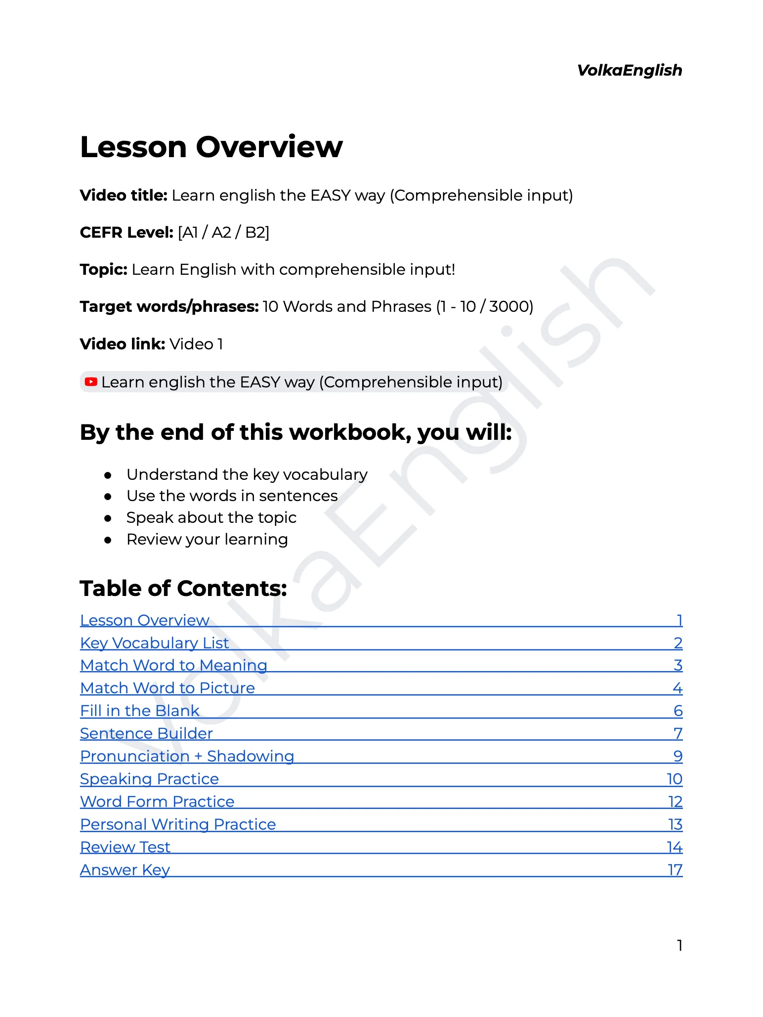 Learn english the EASY way (Comprehensible input) - Video 1 Study Pack product image (2)