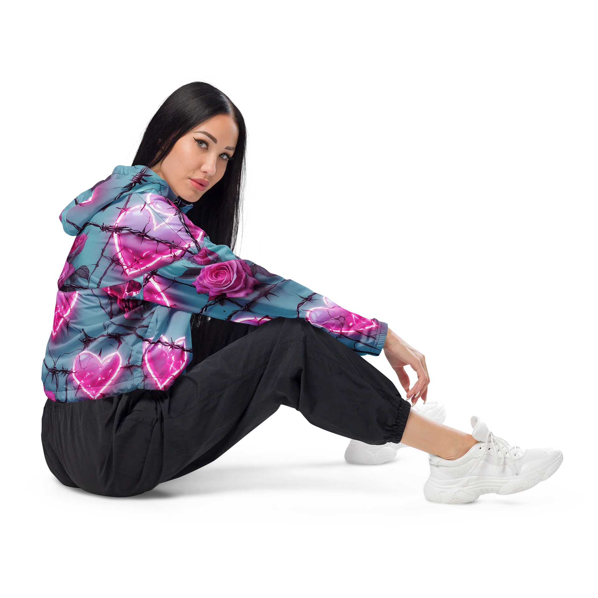 Neon Barbed Rose Heart Cropped Windbreaker - Glow Pink Shattered Hearts All-Over Print Women's Lightweight Jacket product image (4)