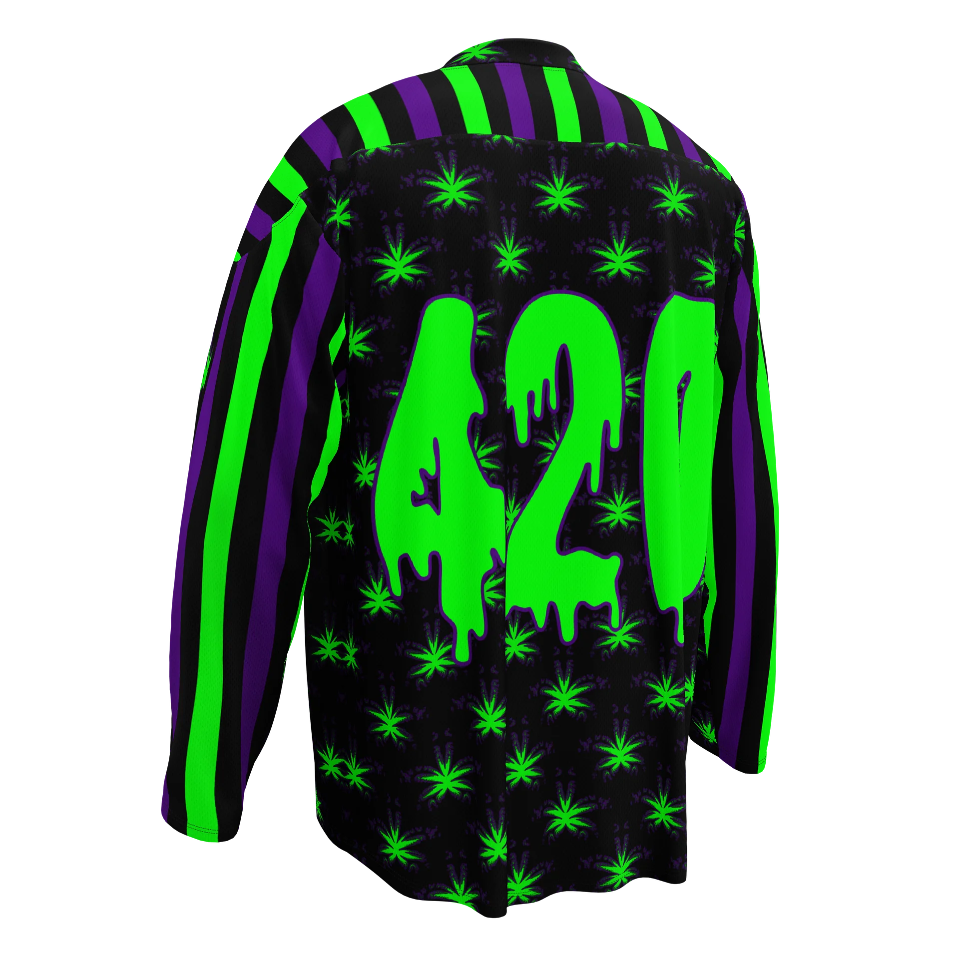 Rave 420 Fan Hockey Jersey, Circus Stripes Stoner Shirt, Neon Green Purple Black Creepy Cannabis Clothing, Weed Leaf Festival Fashion product image (6)