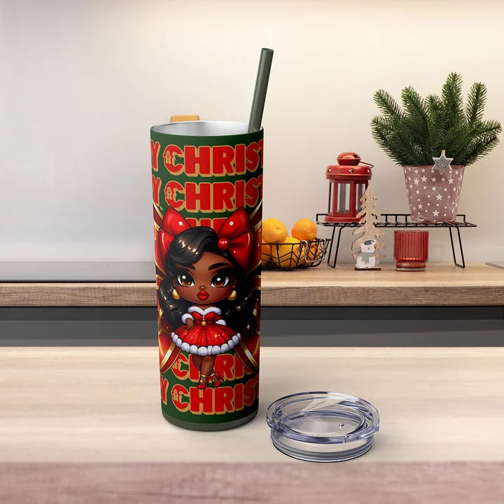 Merry Christmas Brown Holiday Doll Tumbler Wrap Design, Festive 20oz Sublimation PNG, Holiday Digital Download, Red Bow Christmas Tumbler product image (2)