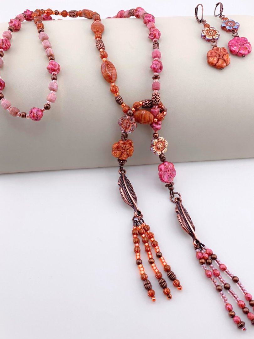 Pink and Orange Glass Beaded Fringe Lariat Style Necklace Set product image (4)