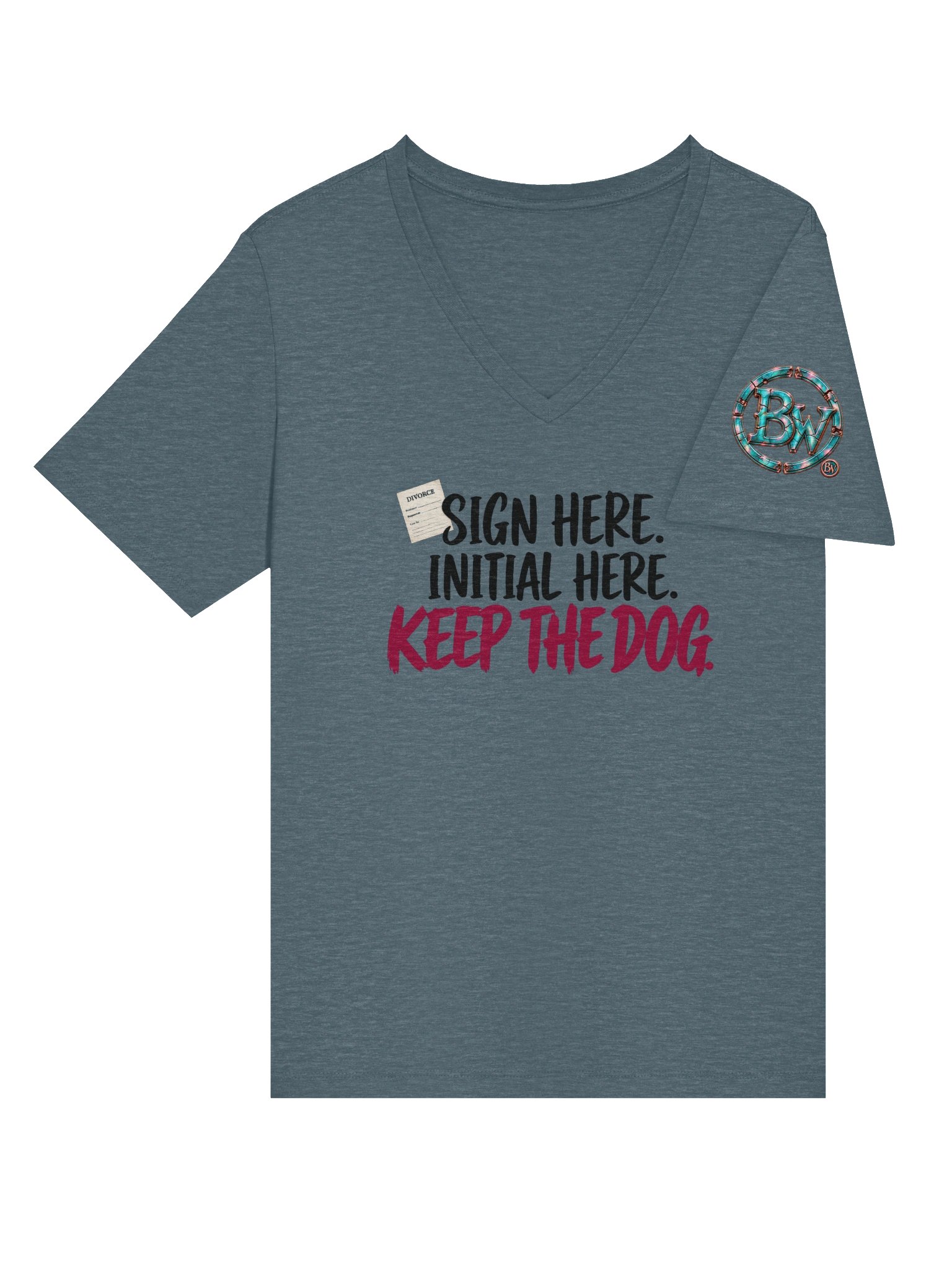 Funny Divorce Party Shirt for Women — Sign Here, Initial Here, Keep the Dog V-Neck | Broken Marriage™ product image (6)