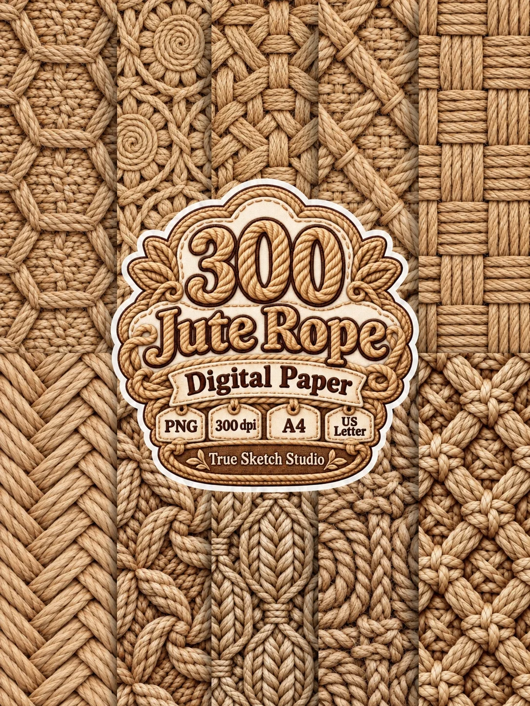 Jute Rope Digital Paper Bundle, Beige Brown Woven Textures, Rustic Scrapbook Backgrounds, Braided Motifs, Printable Junk Journal Craft Pages product image (2)