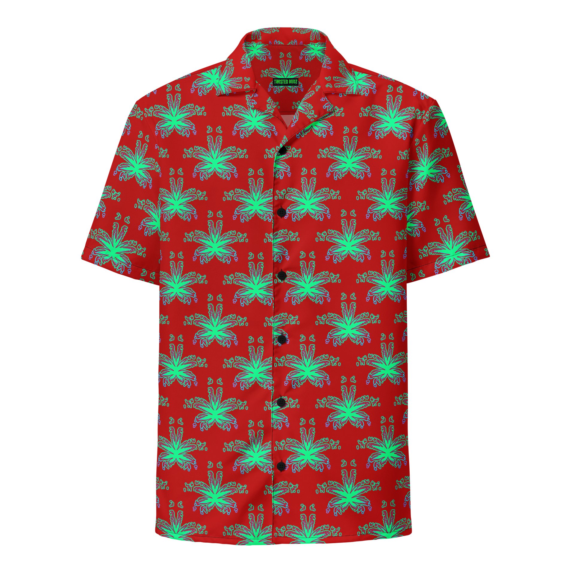 Red Weed Leaf Cannabis Beach Button Shirt, 420 Summertime Stoner Festival Clothing, Green Ganja Pot Leaves Pattern Weedy Weirdo Fashion product image (1)