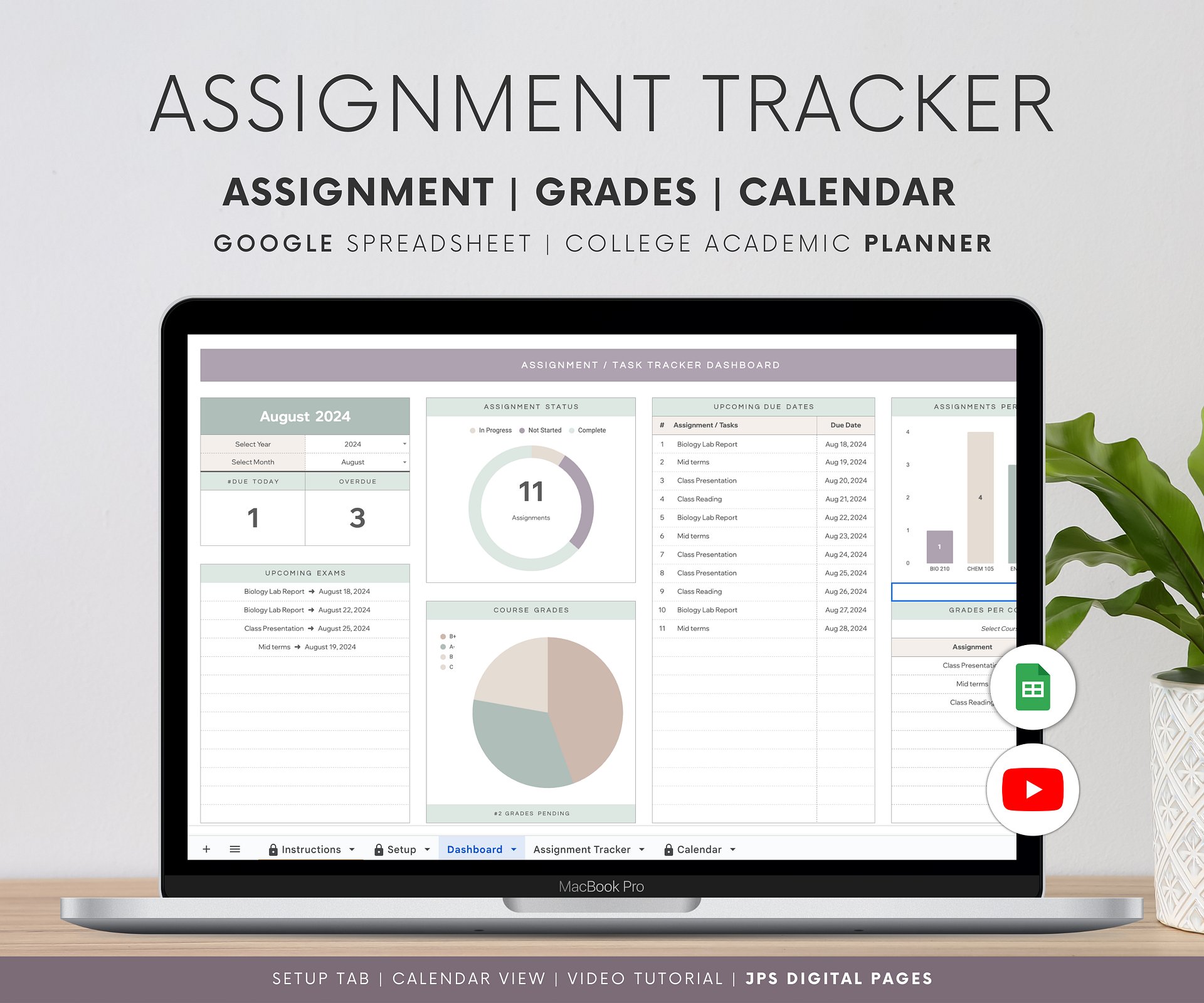 Assignment Tracker Spreadsheet, Google Sheets Template, Exam Grade Task Tracker, College & University Student Planner product image (1)
