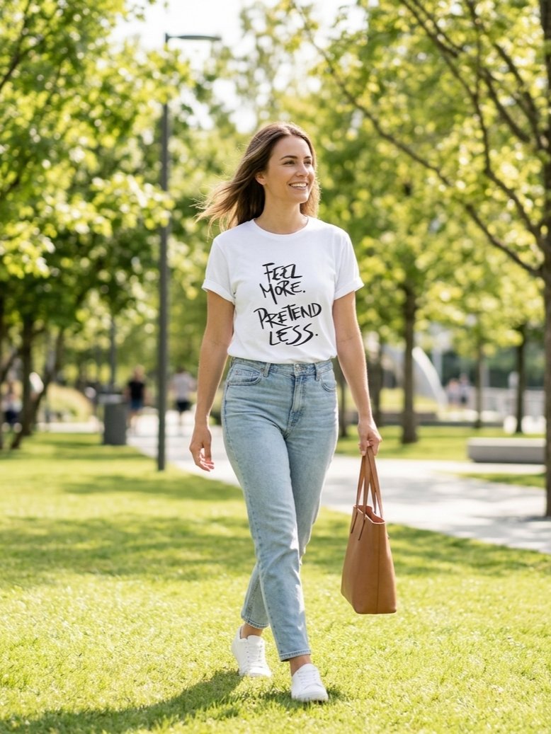 Feel More Pretend Less T-Shirt | Handwritten Script Quote Tee product image (3)